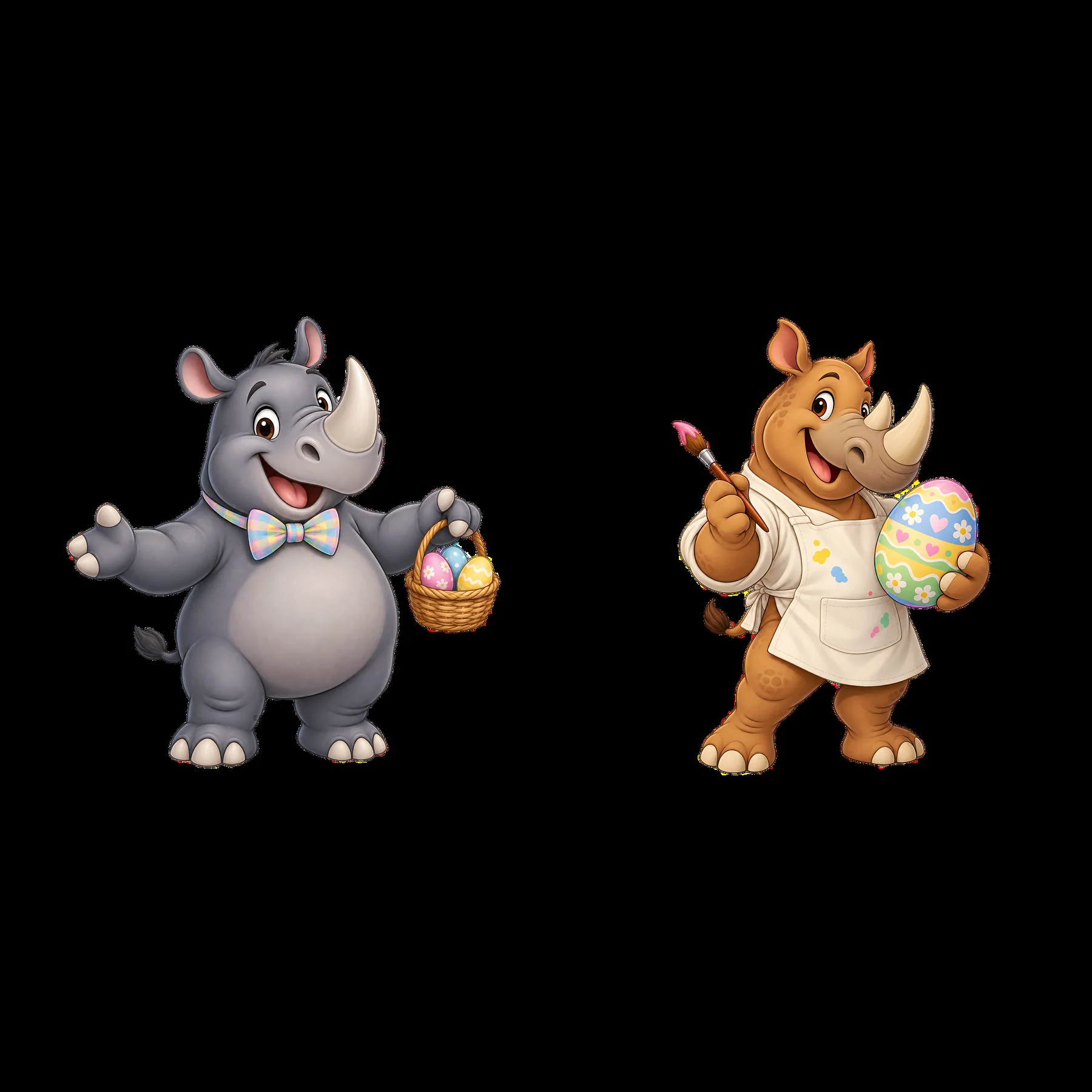 Easter rhinoceroses holding decorated eggs and painting - AI-generated stock image