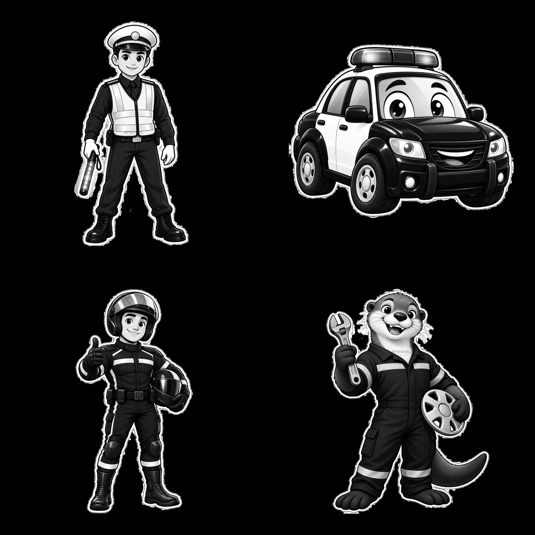 Police characters and car in black-and-white cartoon design - AI-generated stock image