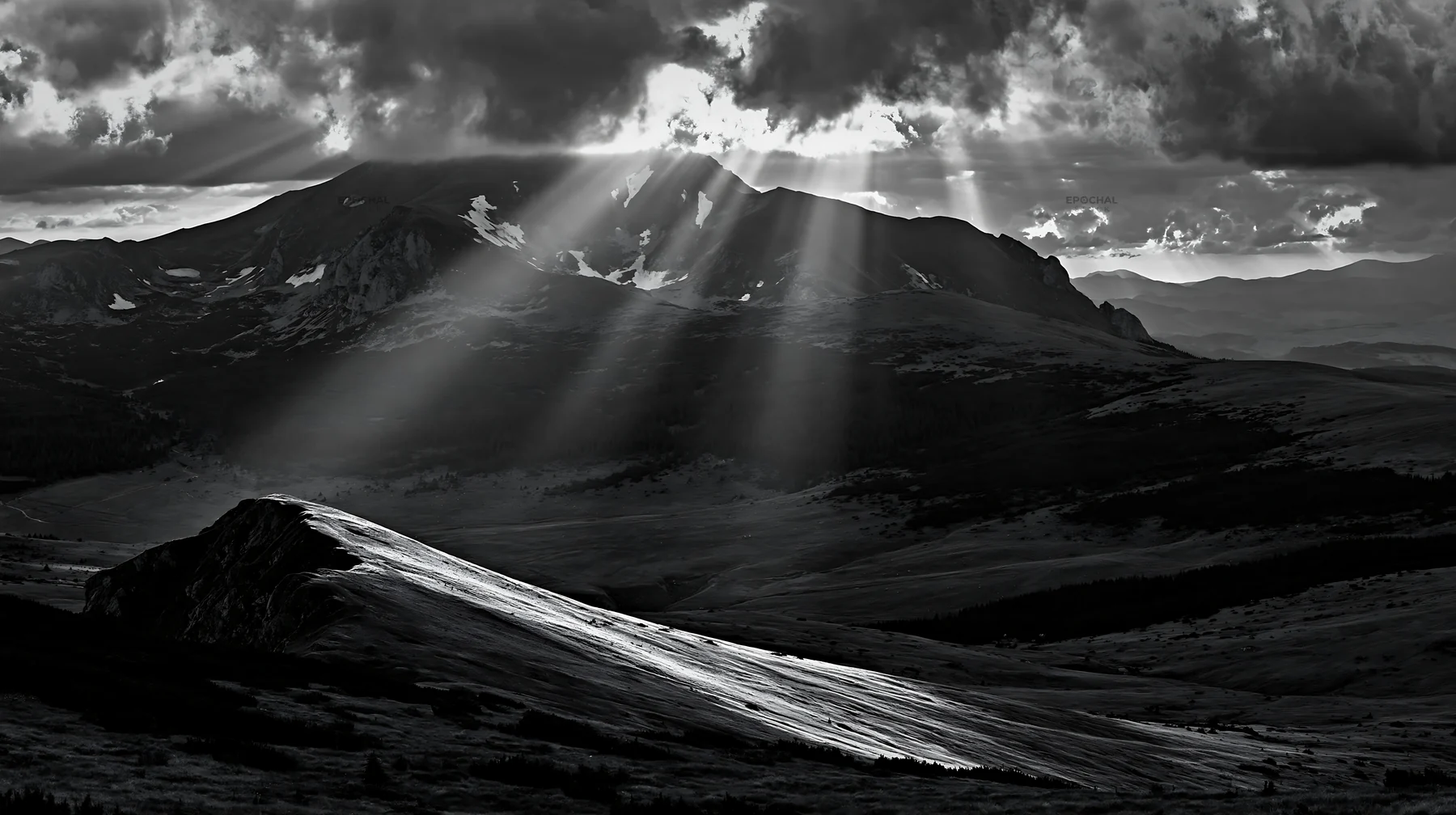 Light rays shine on a meadow in Bucegi Mountains - AI-generated stock image