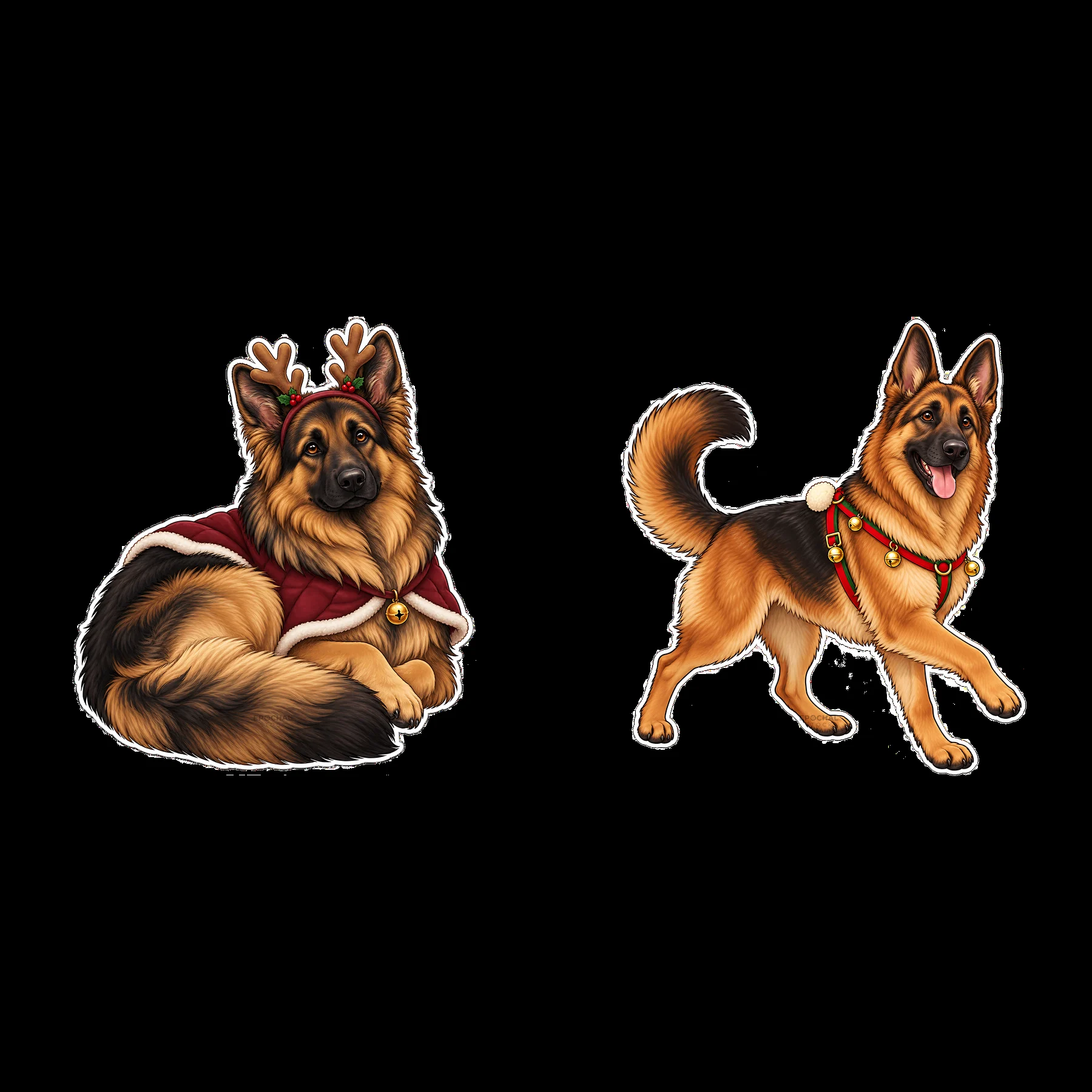 Christmas German Shepherd duo with festive accessories - AI-generated stock image