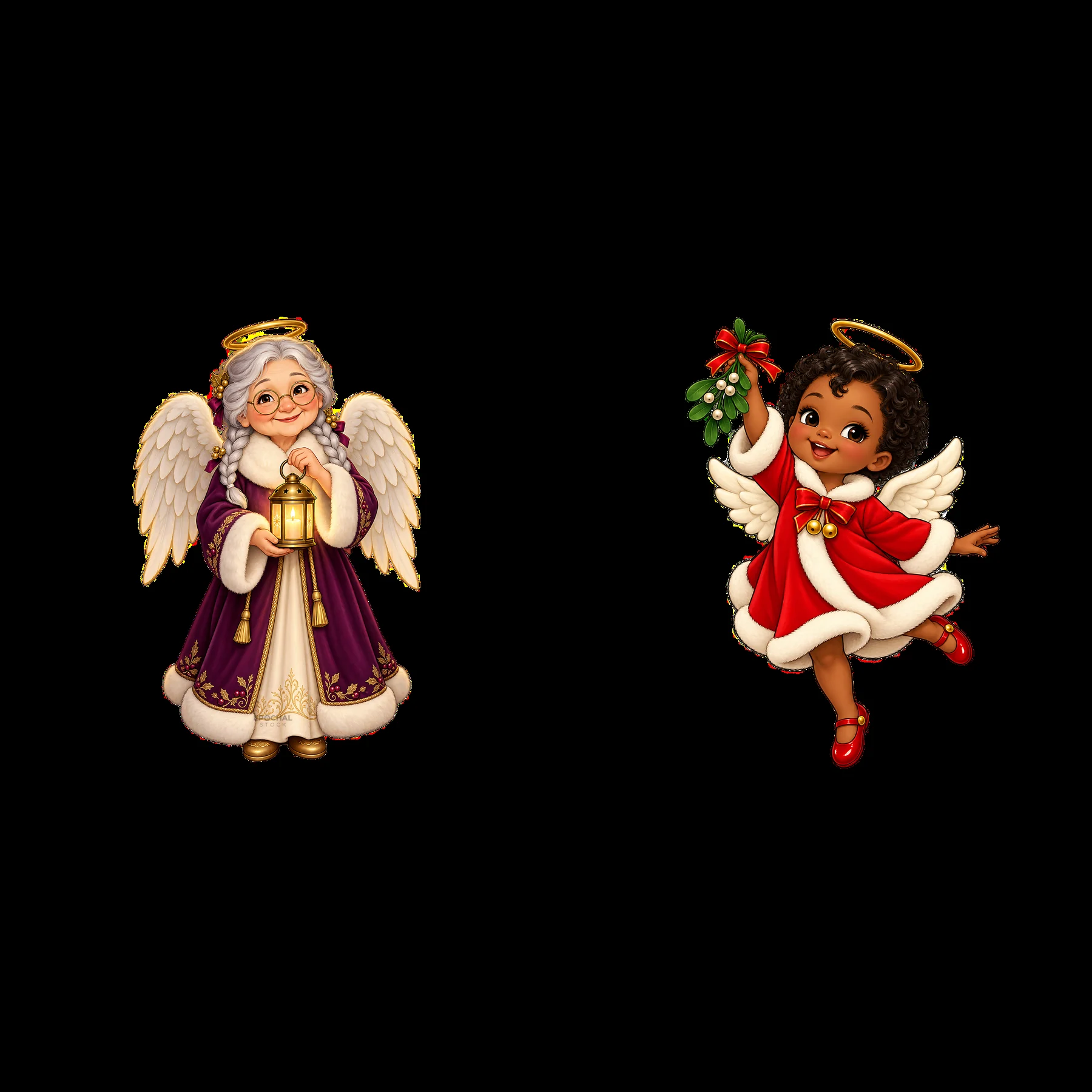 Christmas angel pair with lantern and mistletoe - AI-generated stock image