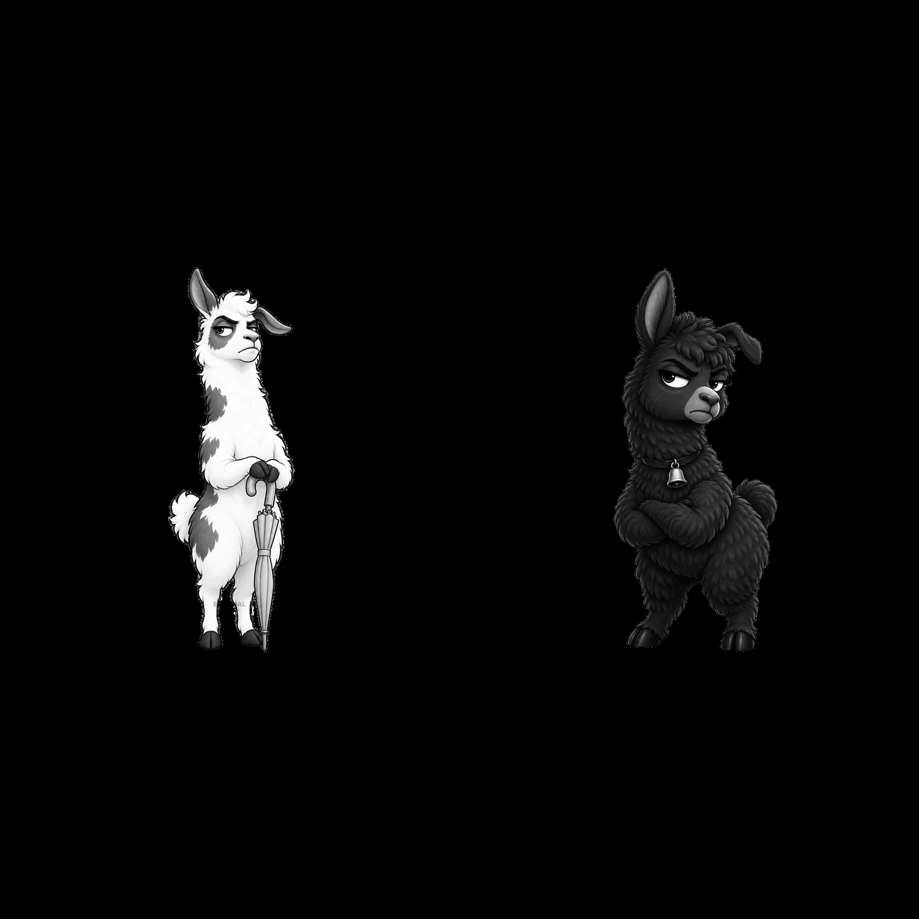 Grumpy llama characters with distinct poses and expressions - AI-generated stock image