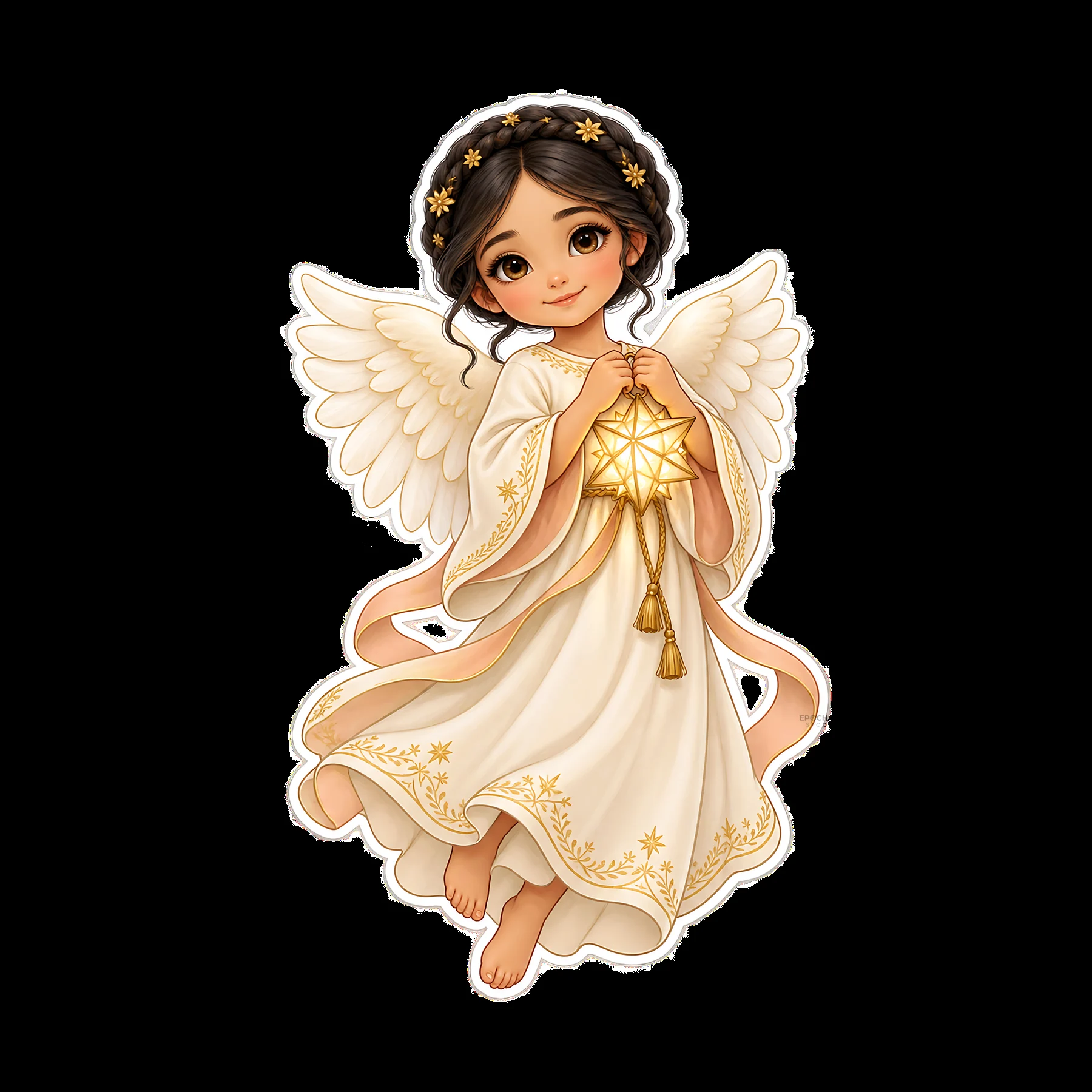 Christ Child with star in white gown and angel wings - AI-generated stock image