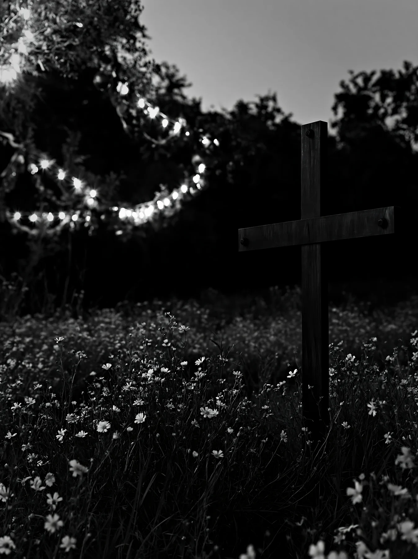 Christian cross in yellow wildflower meadow at dusk - AI-generated stock image