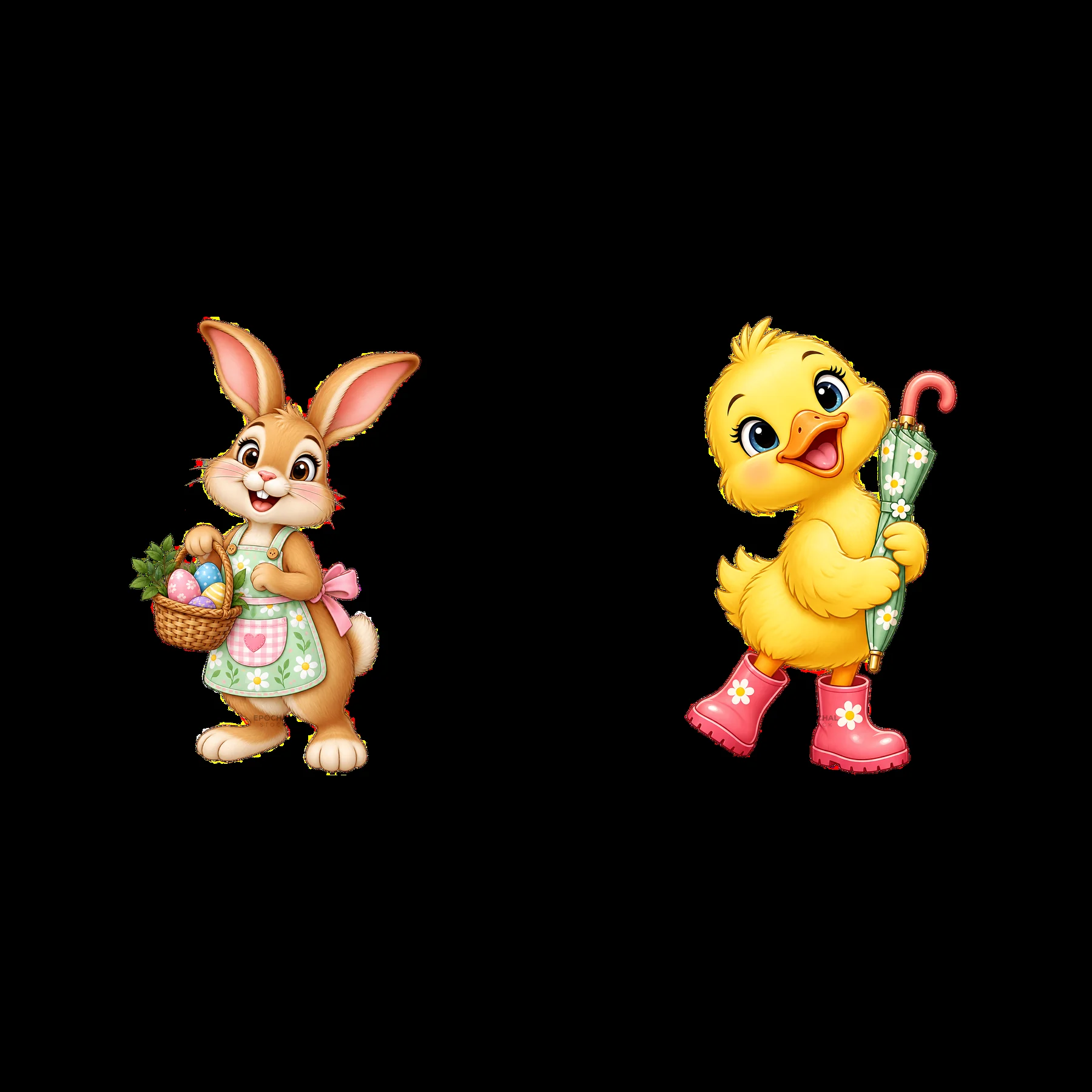 Easter bunny with basket and chick holding umbrella sticker pair - AI-generated stock image