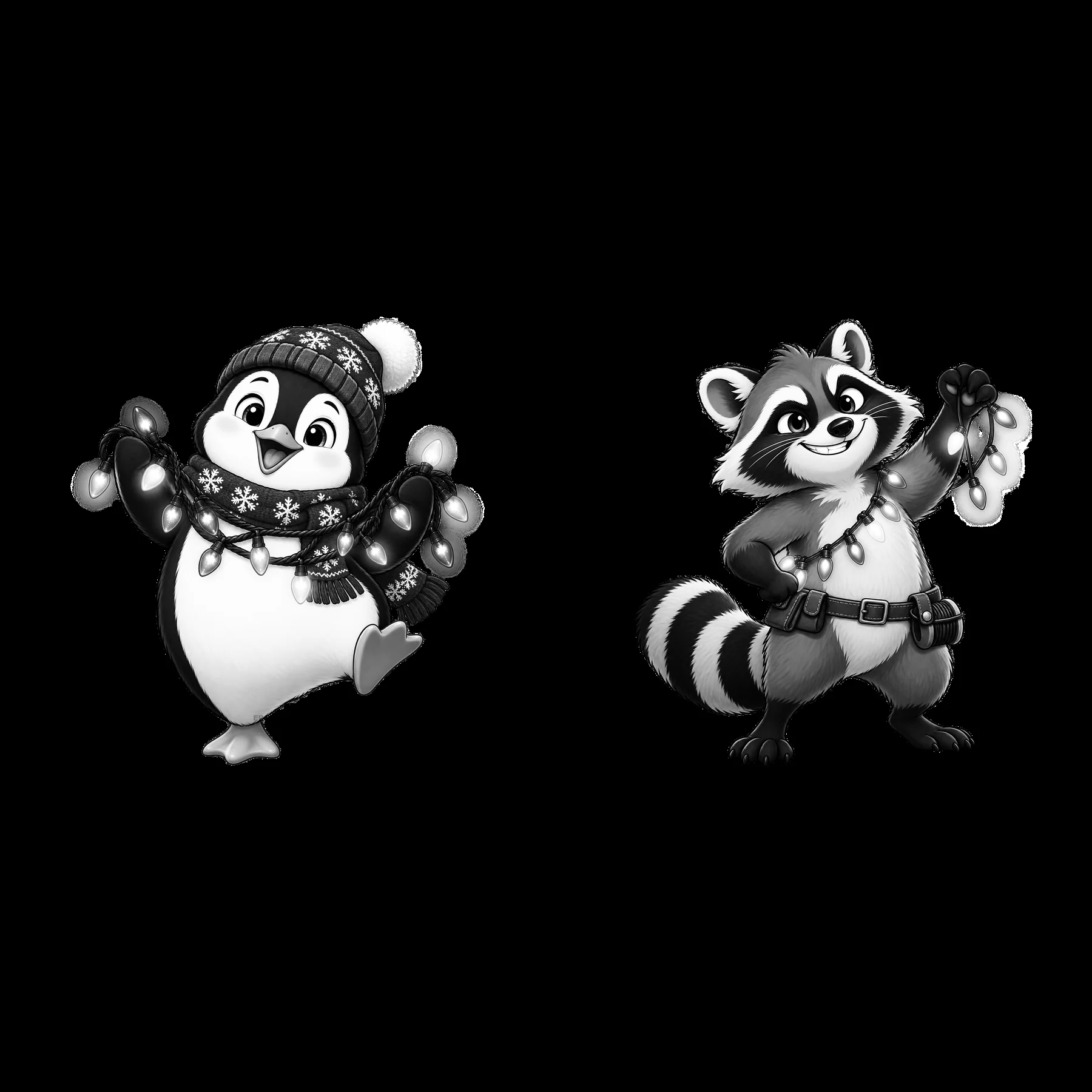 Penguin and raccoon holding string lights in black-and-white design - AI-generated stock image