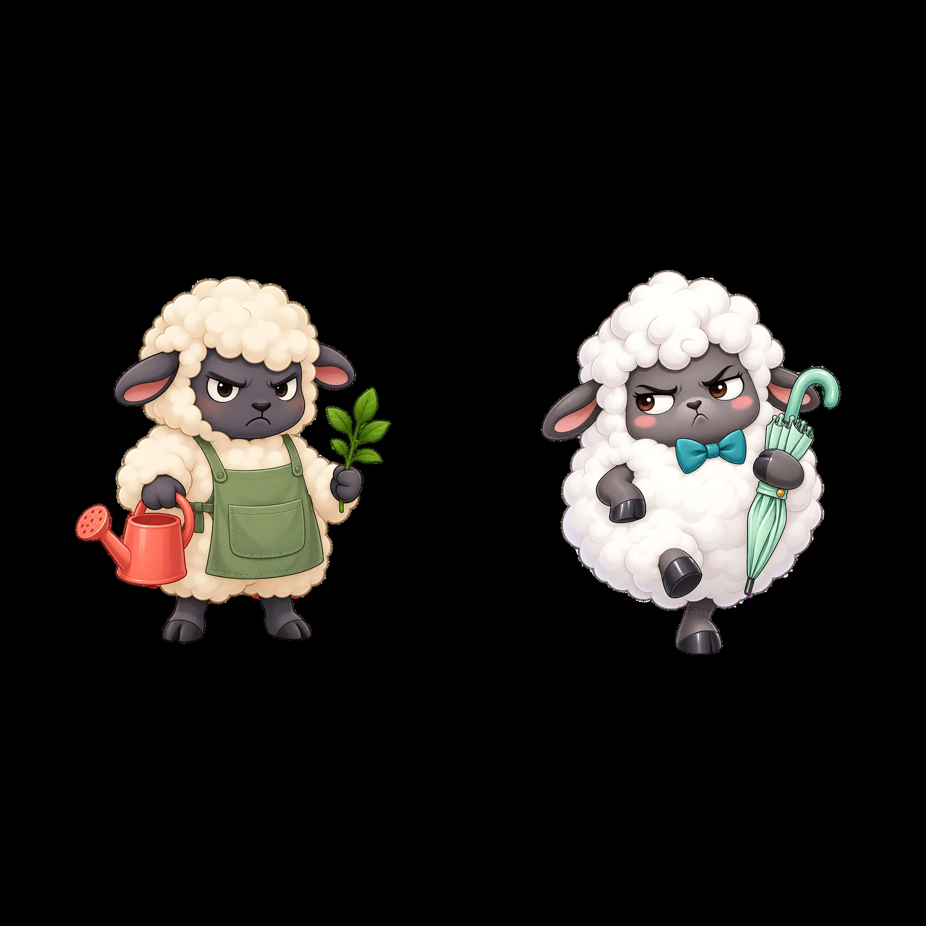 Kawaii grumpy sheep in gardening and rainy day outfits - AI-generated stock image