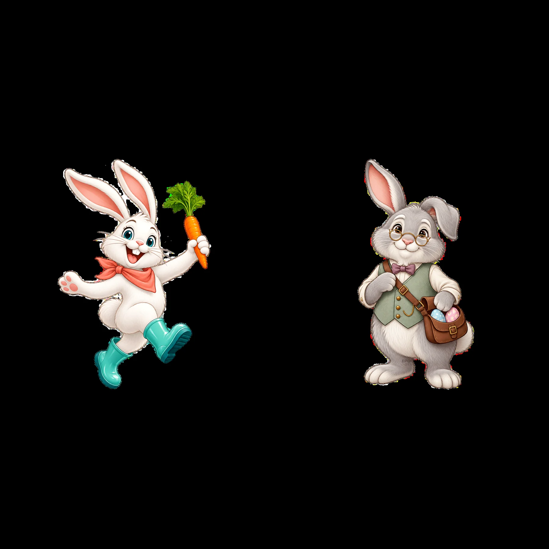 Easter bunny with carrot and dressed rabbit carrying a bag - AI-generated stock image