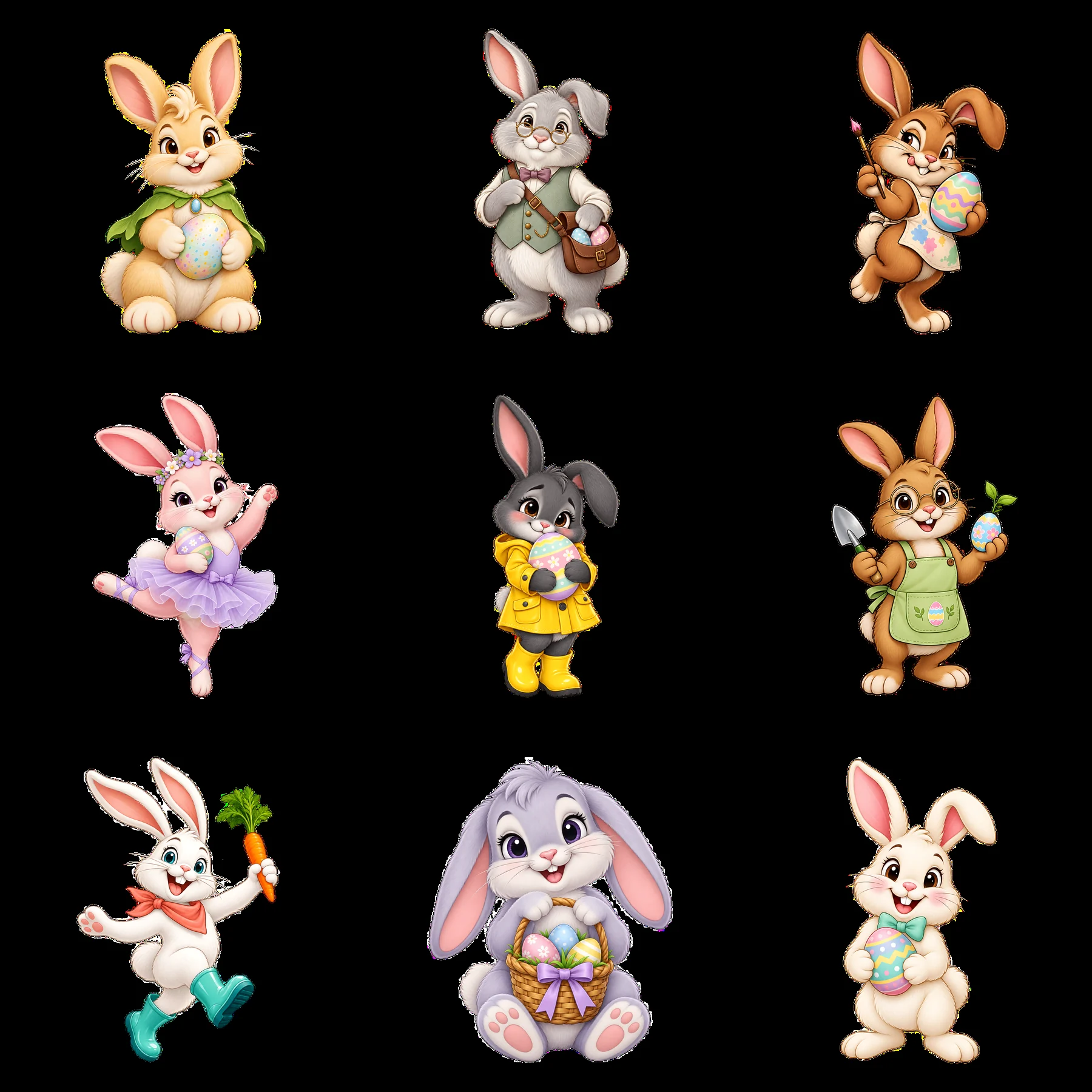 Easter bunny cartoon stickers in a 3x3 grid layout - AI-generated stock image