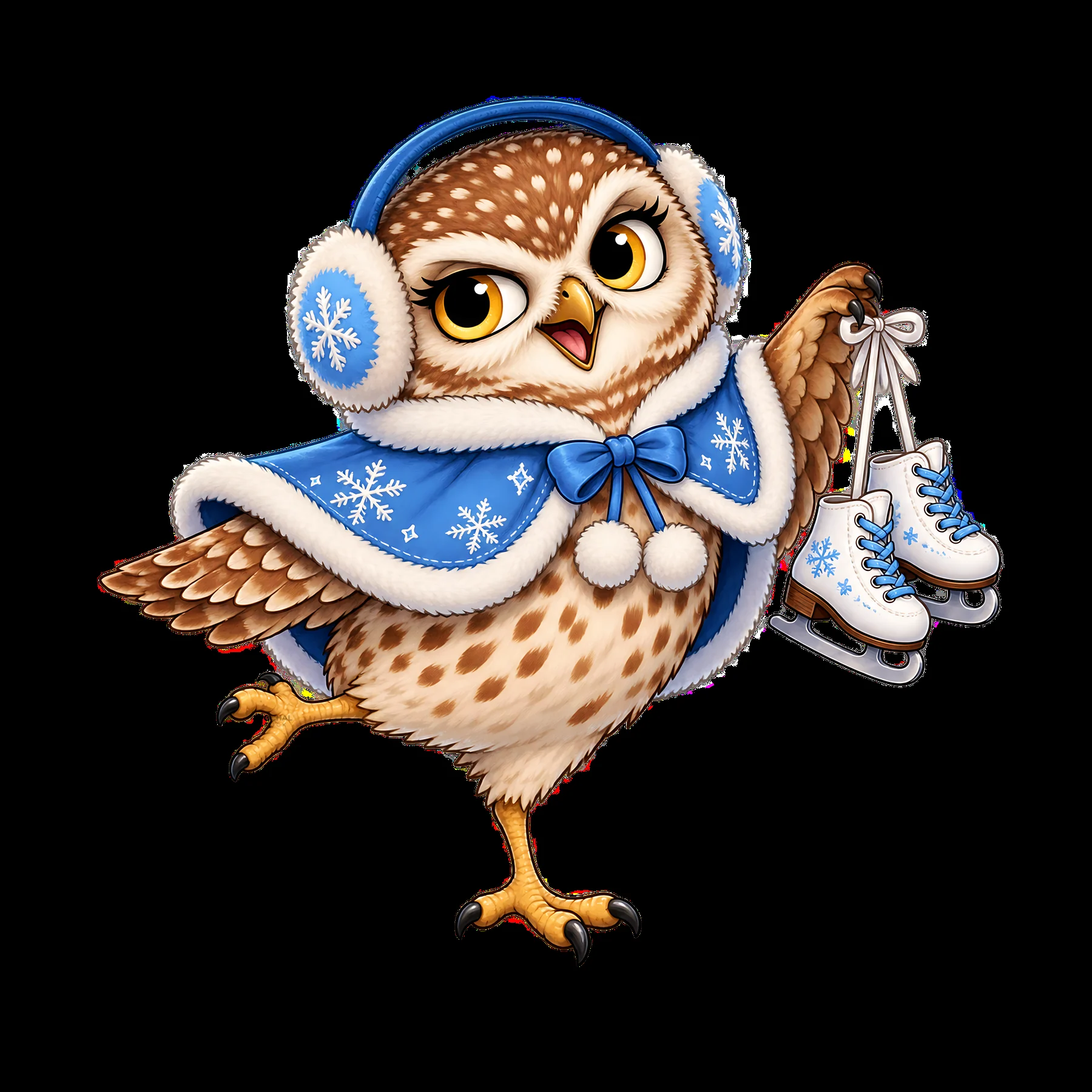 Happy owl skating with ice skates in winter attire - AI-generated stock image
