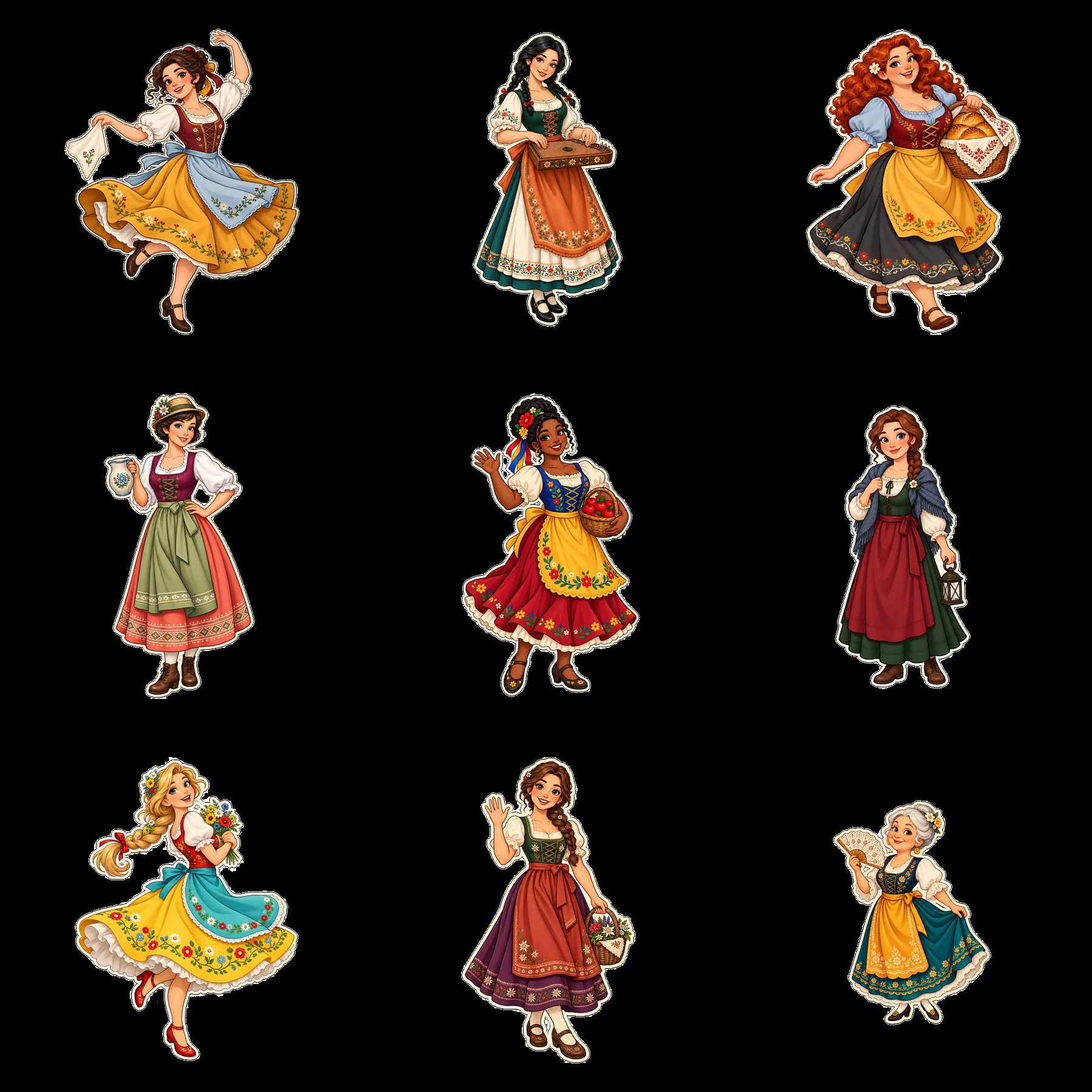 Women in folk dress engaging in various activities in a grid layout - AI-generated stock image