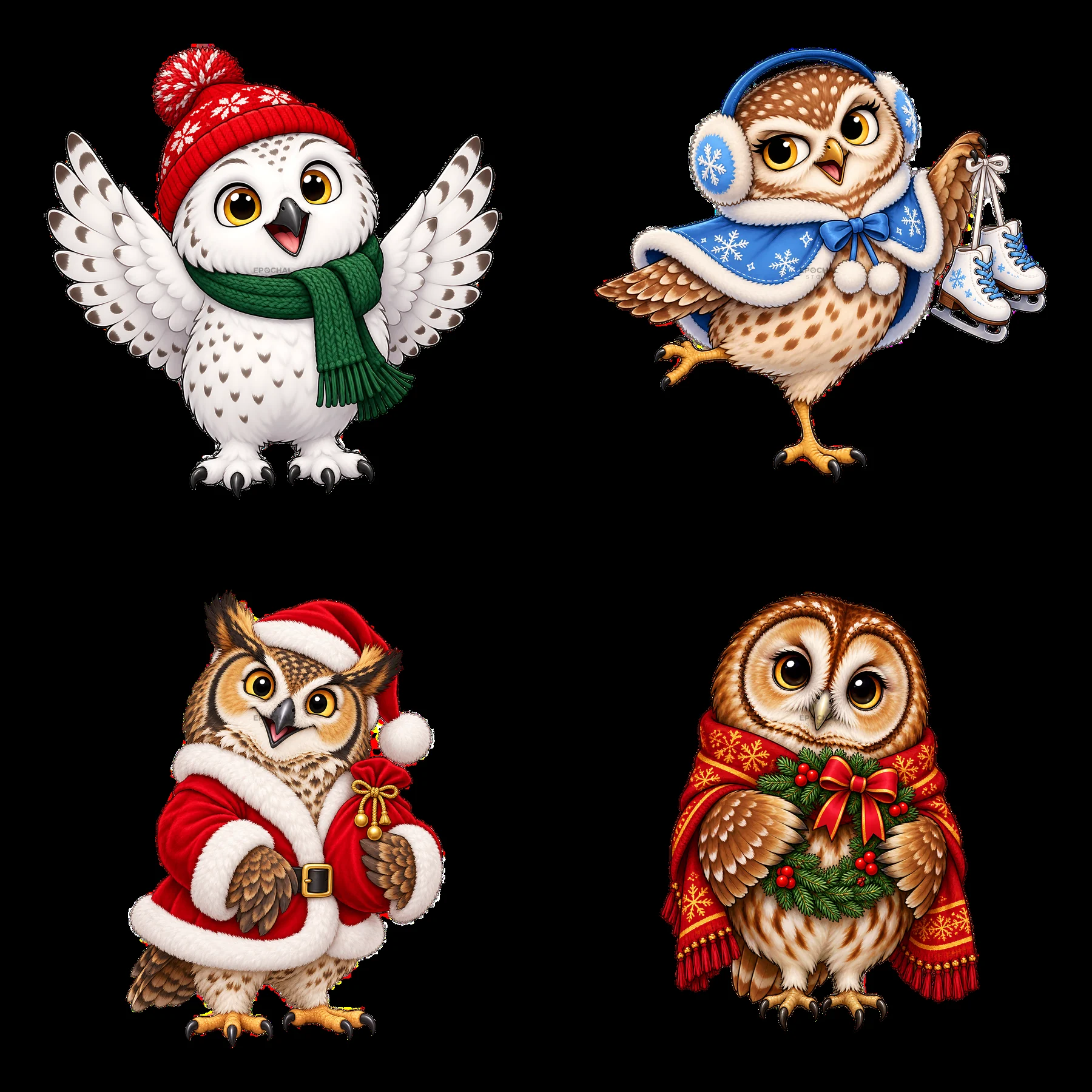 Four festive Christmas owl illustrations in winter attire - AI-generated stock image