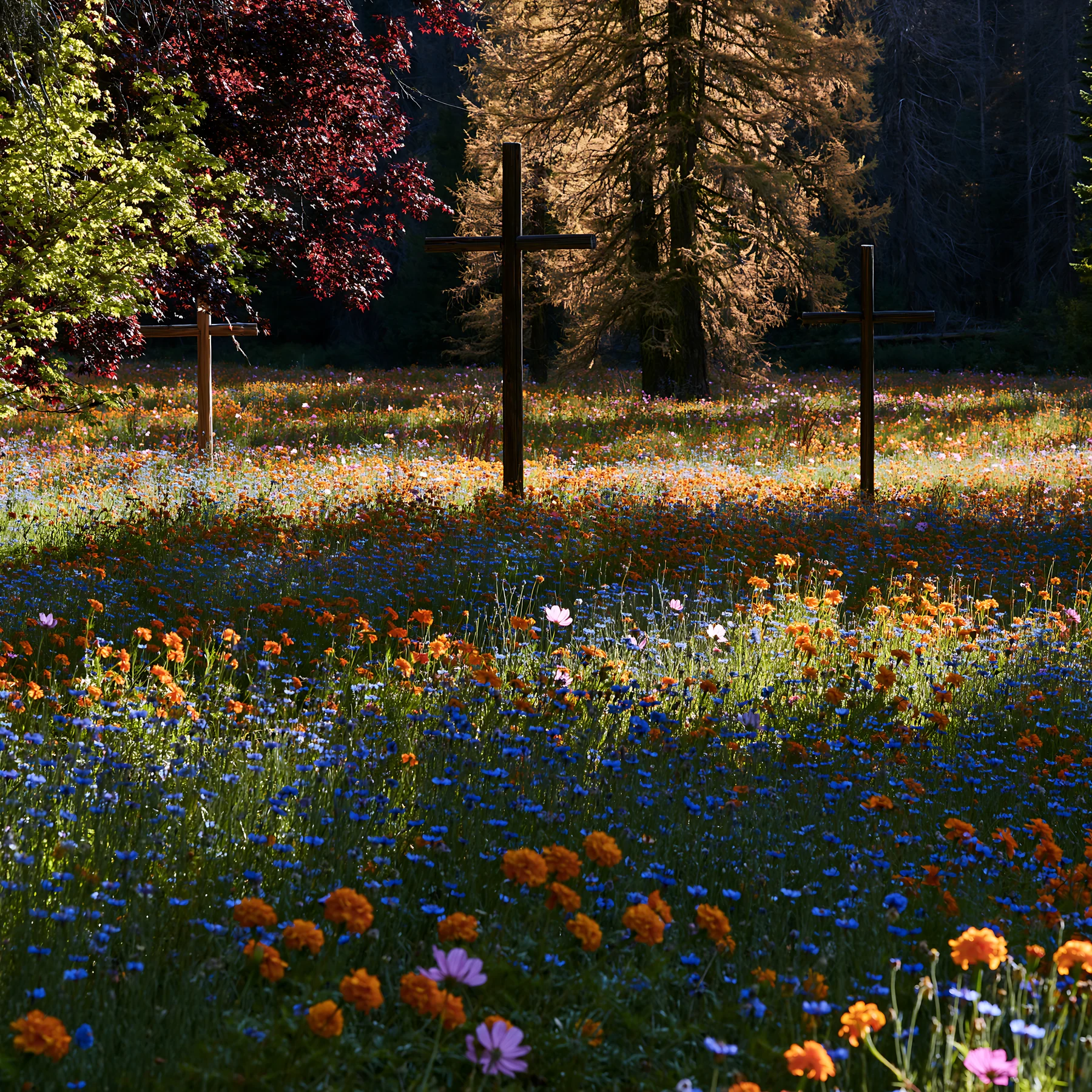 Rustic crosses in meadow with wildflowers and backlight - AI-generated stock image