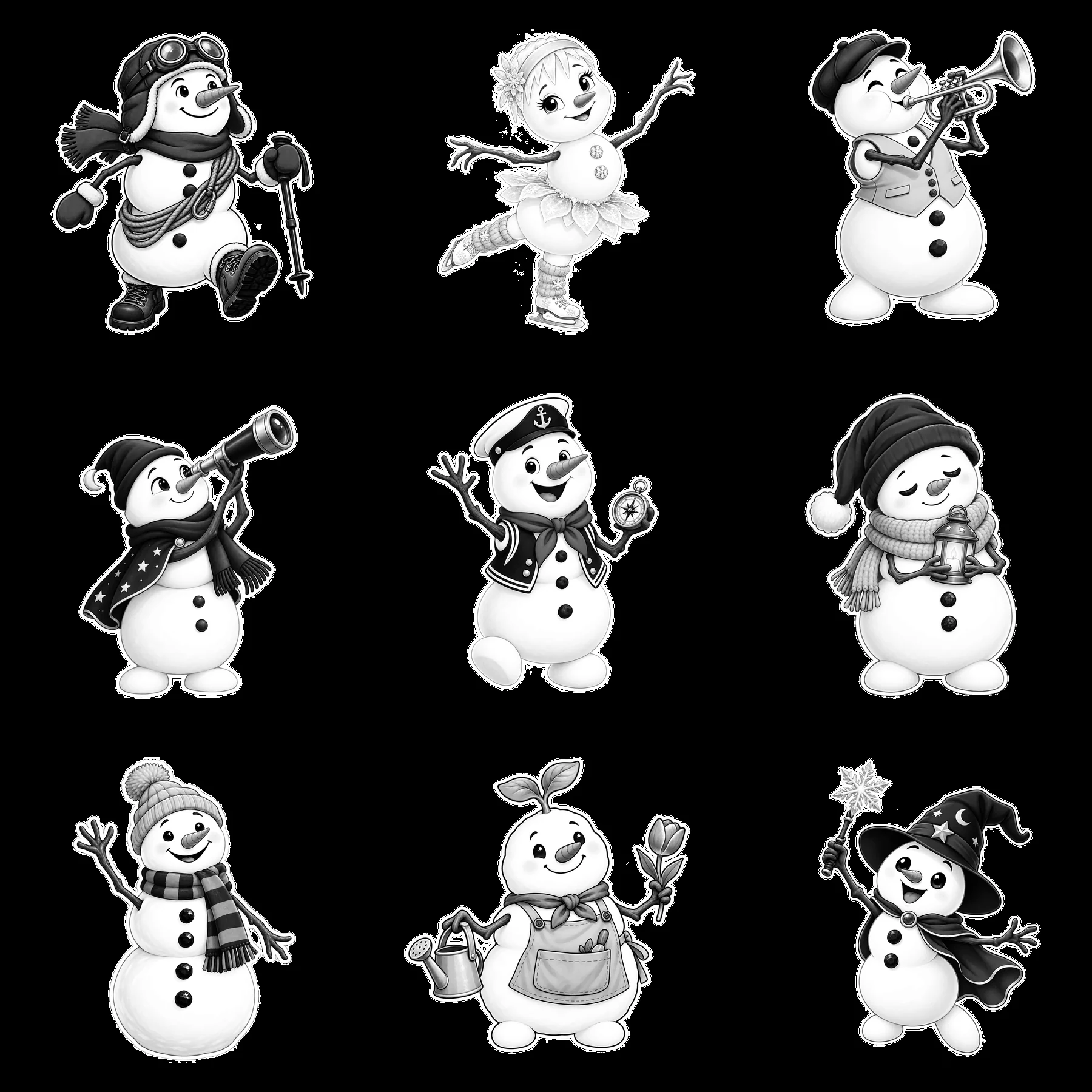 Snowman characters in black-and-white design with various activities - AI-generated stock image