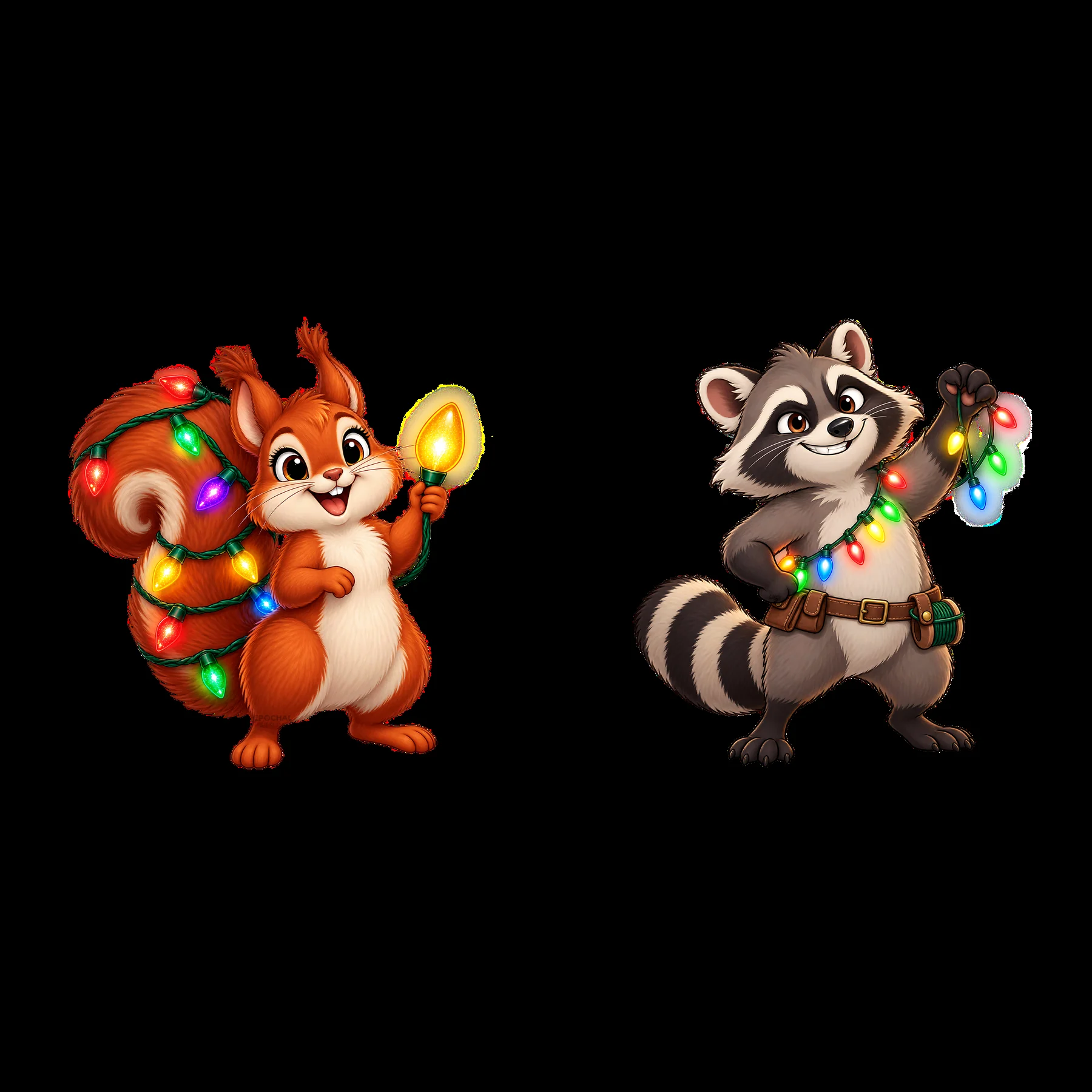 Squirrel and raccoon holding colorful string lights in a pair - AI-generated stock image