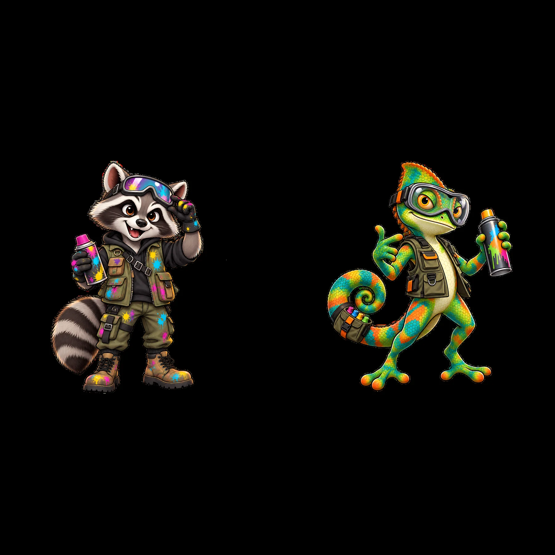Graffiti sprayer raccoon and chameleon cartoon sticker pair - AI-generated stock image