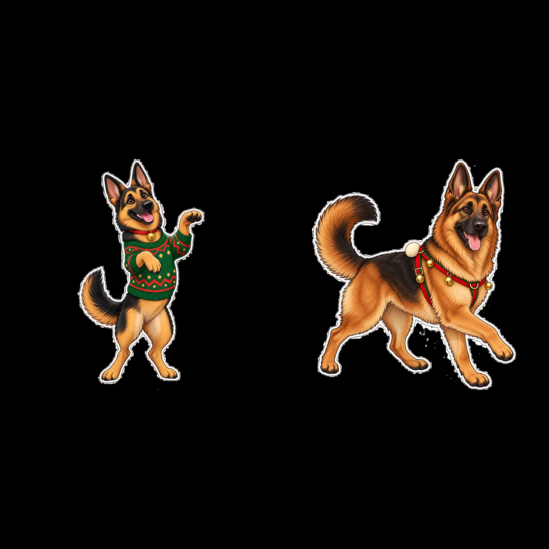Christmas German Shepherd cartoon dog stickers in festive outfits - AI-generated stock image