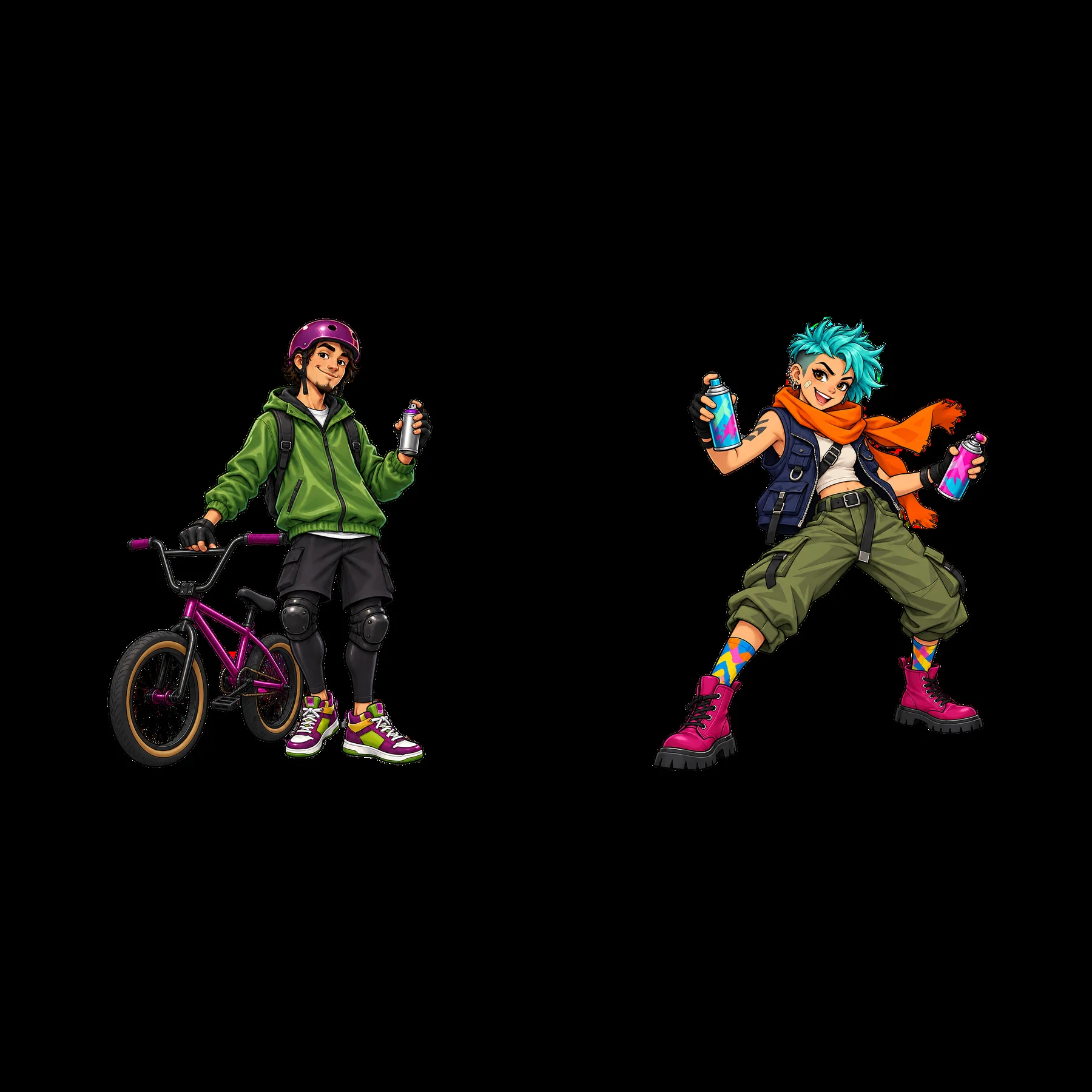 Cool graffiti sprayer characters with bike and spray cans - AI-generated stock image