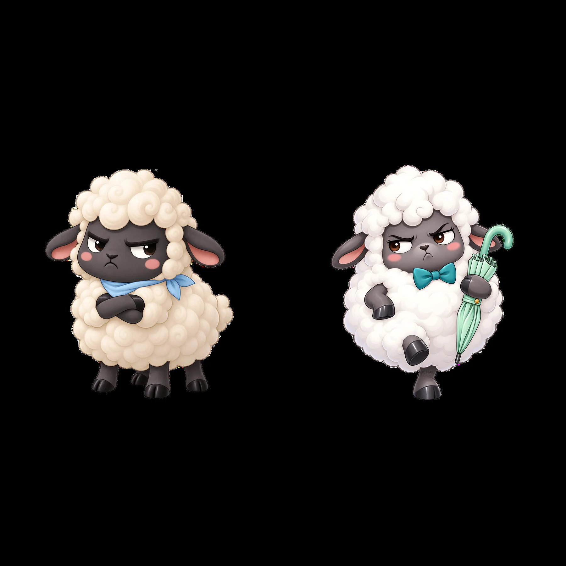 Grumpy sheep cartoon characters with umbrella and bowtie pair - AI-generated stock image