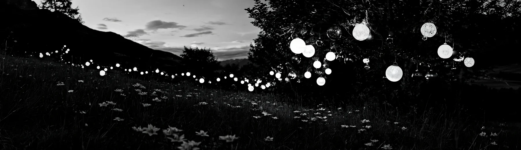 Vibrant Christmas lanterns in meadow at twilight - AI-generated stock image