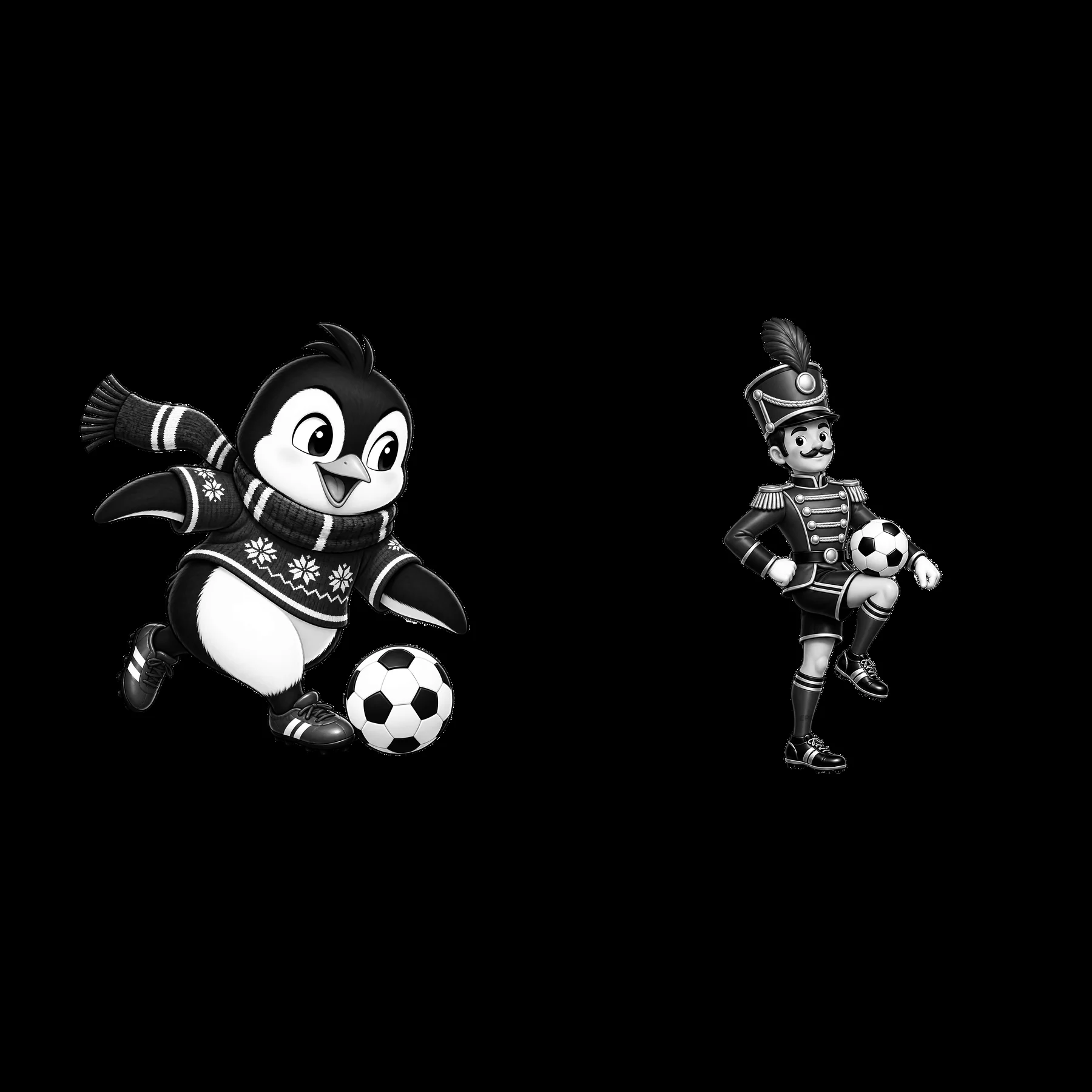 Penguin and soldier cartoon characters playing soccer for Christmas - AI-generated stock image