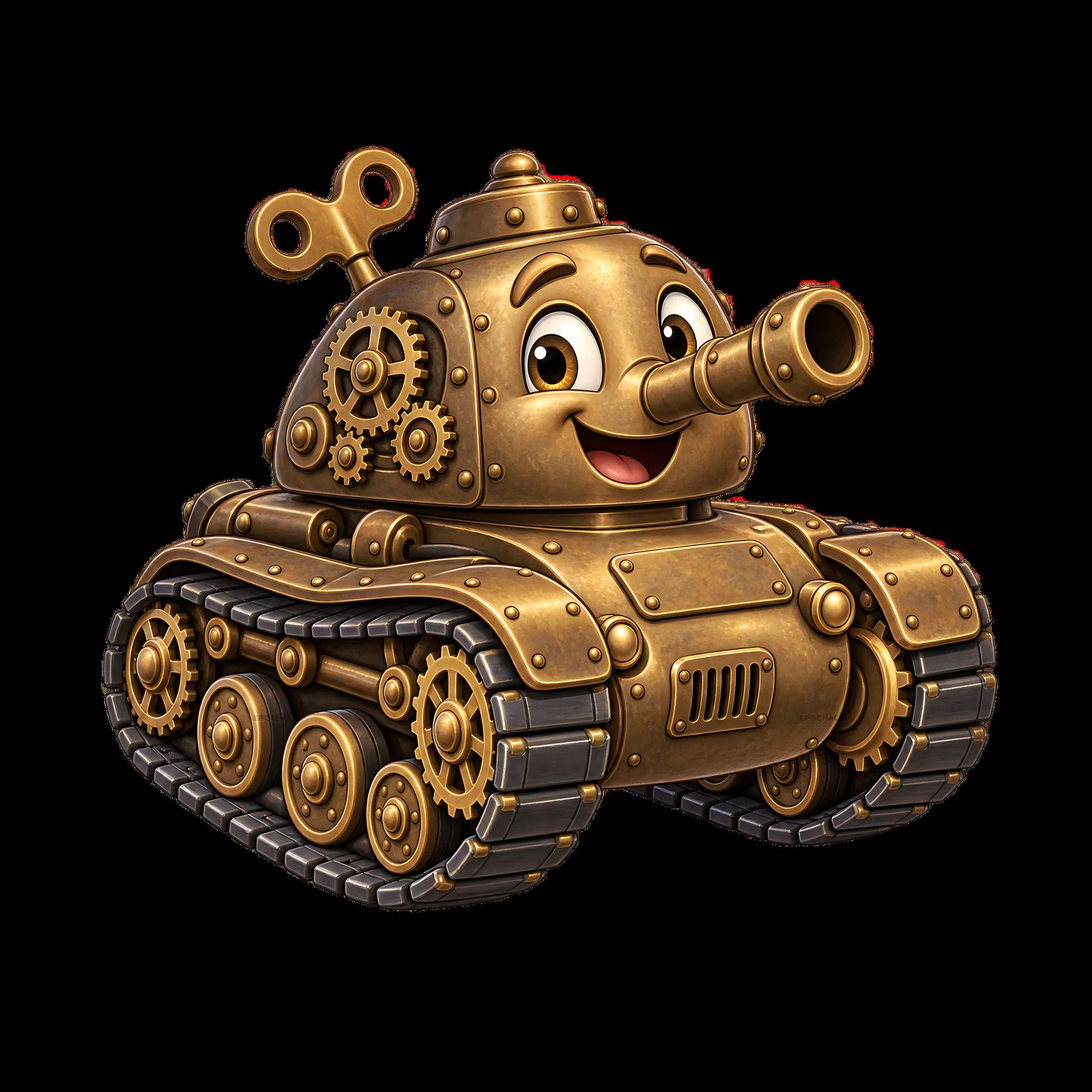 Cartoon tank with a smiling face and wind-up key - AI-generated stock image
