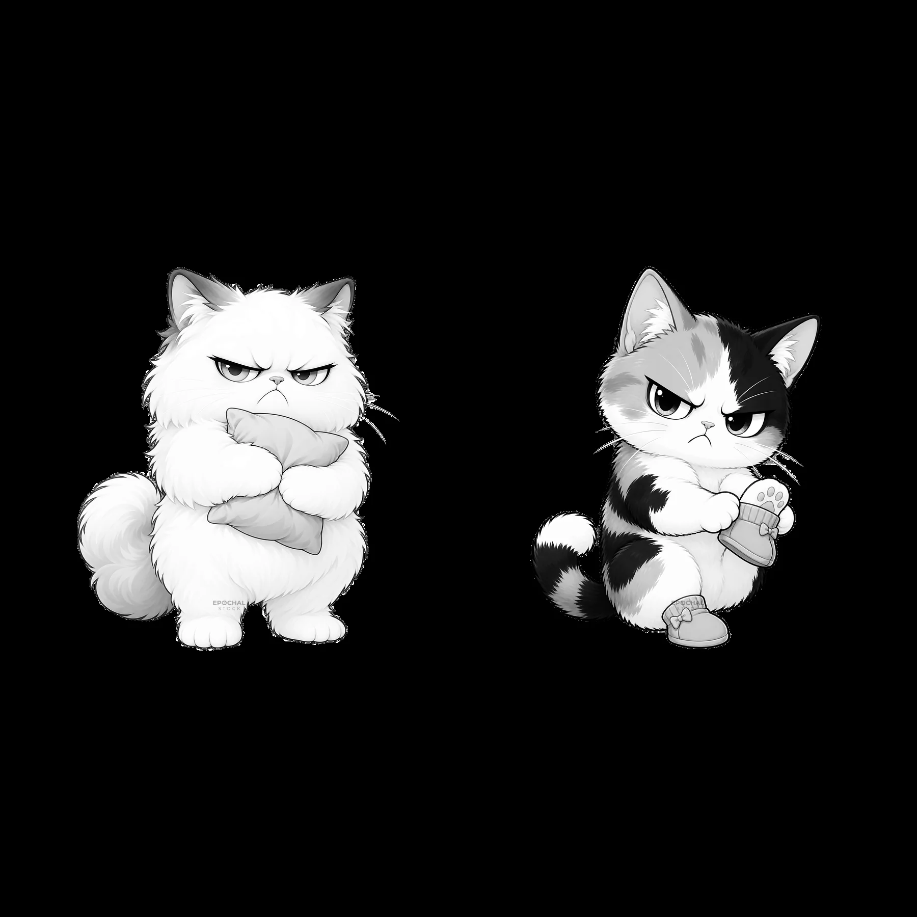 Kawaii grumpy cat duo holding stuffed toys - AI-generated stock image