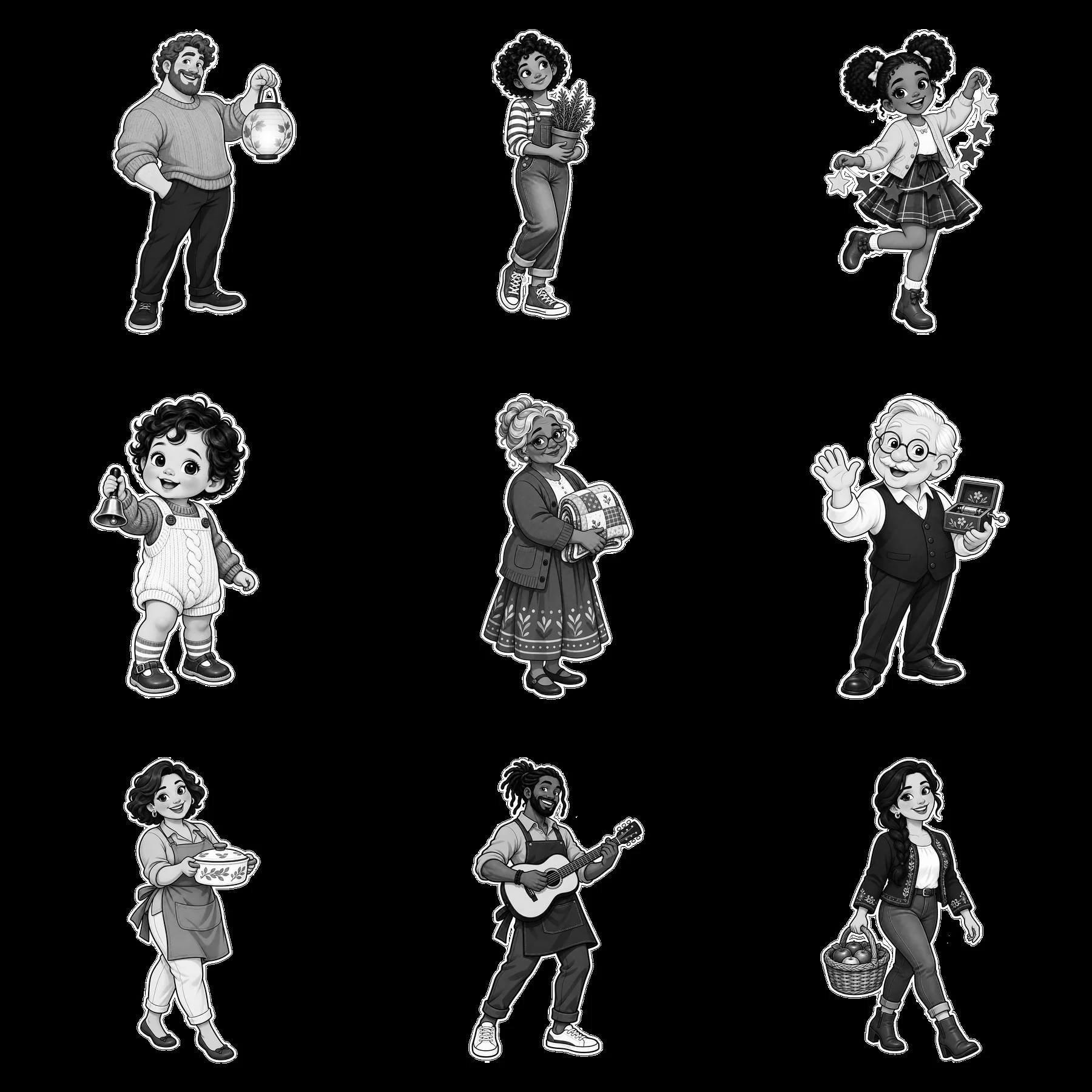 Family members engaging in various activities in black and white - AI-generated stock image