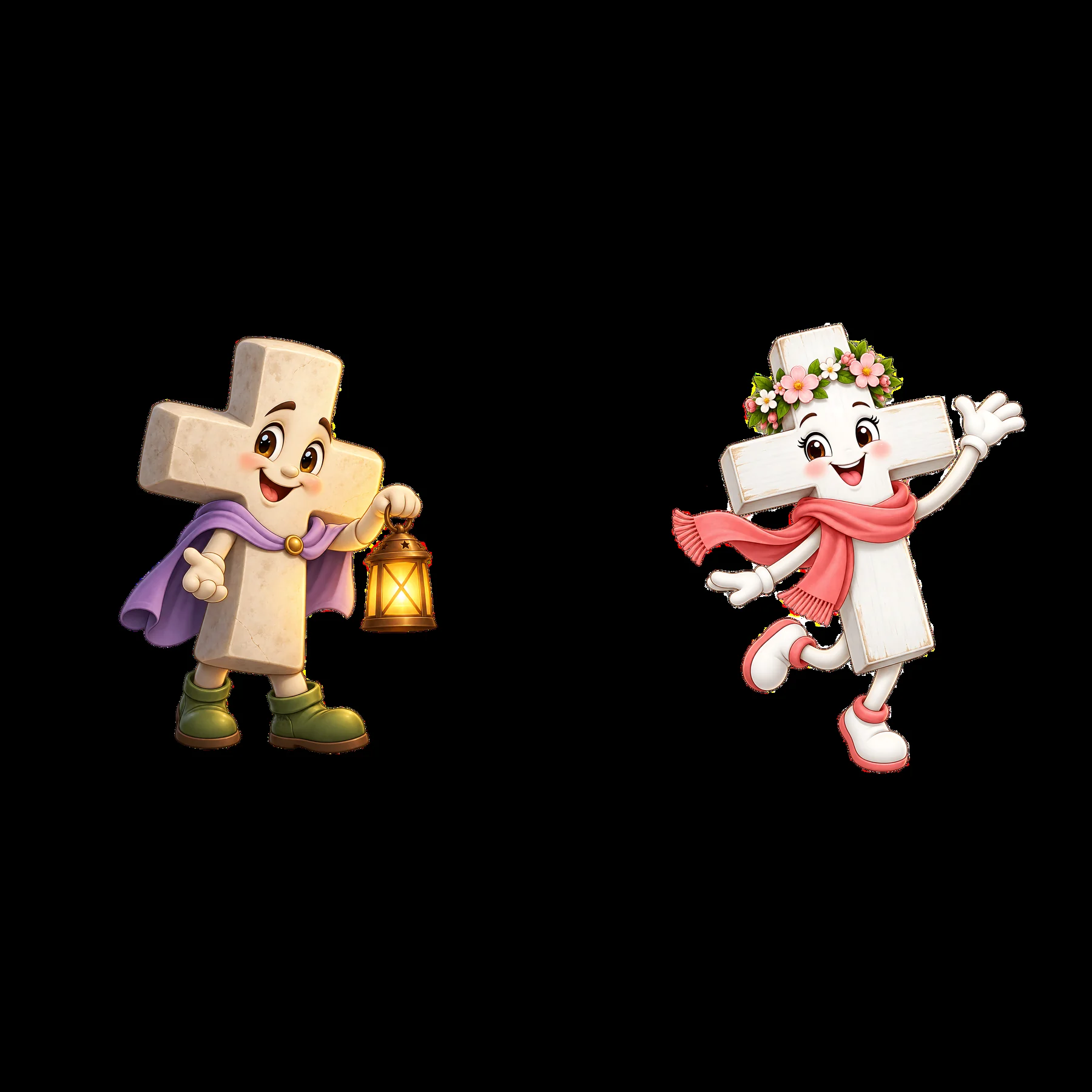 Cartoon crosses with lantern and flower crown for Easter theme - AI-generated stock image