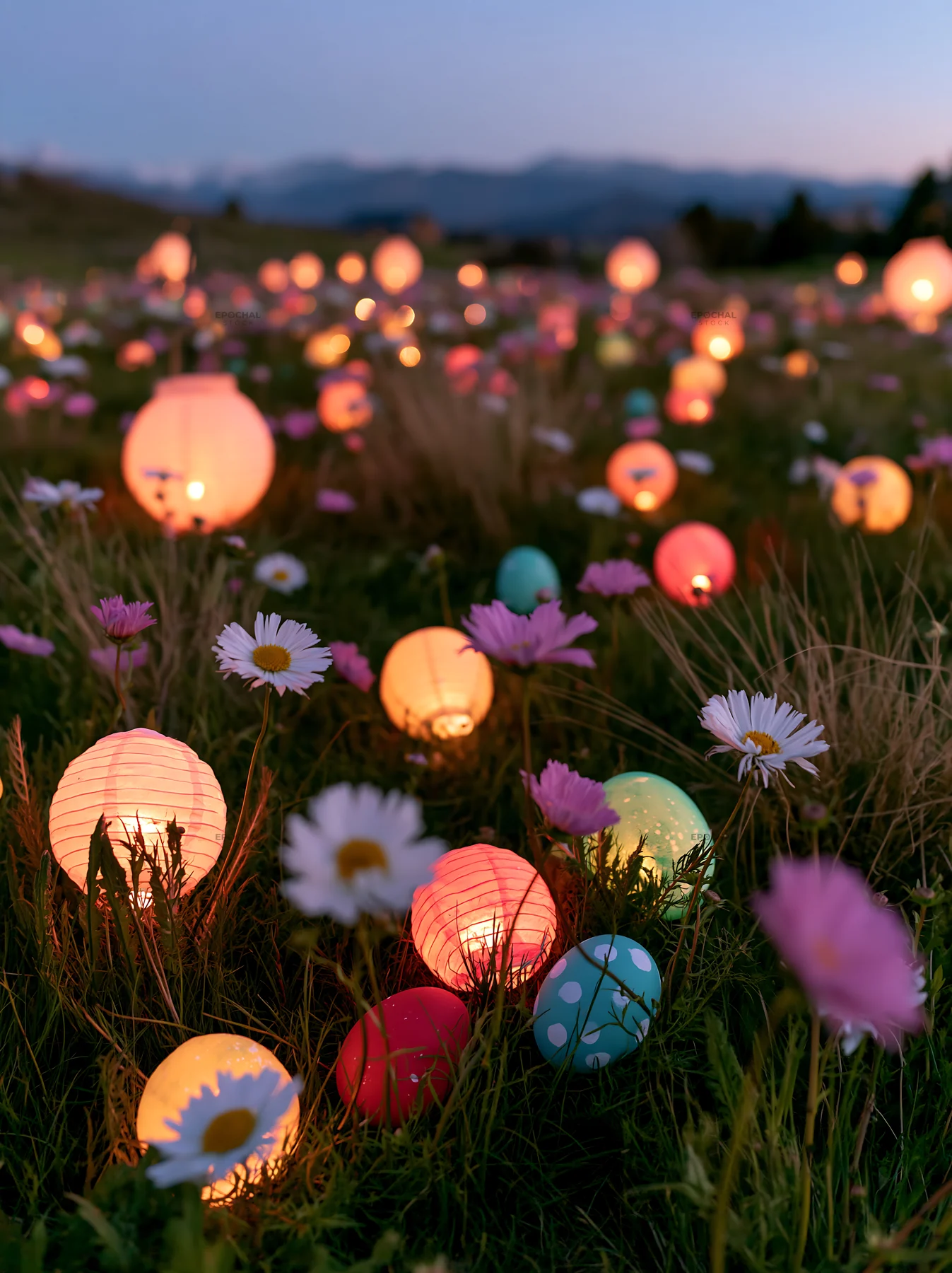 Vibrant Christmas lanterns in meadow at twilight - AI-generated stock image