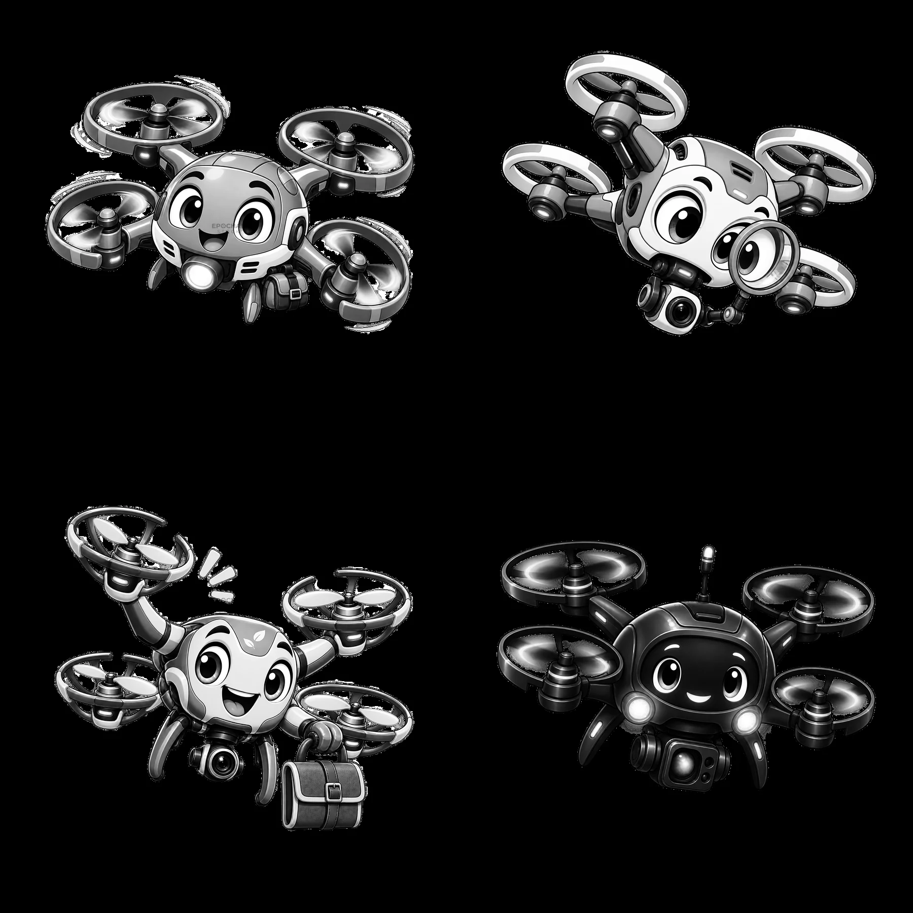 Cartoon drones with facial expressions and accessories in four designs - AI-generated stock image