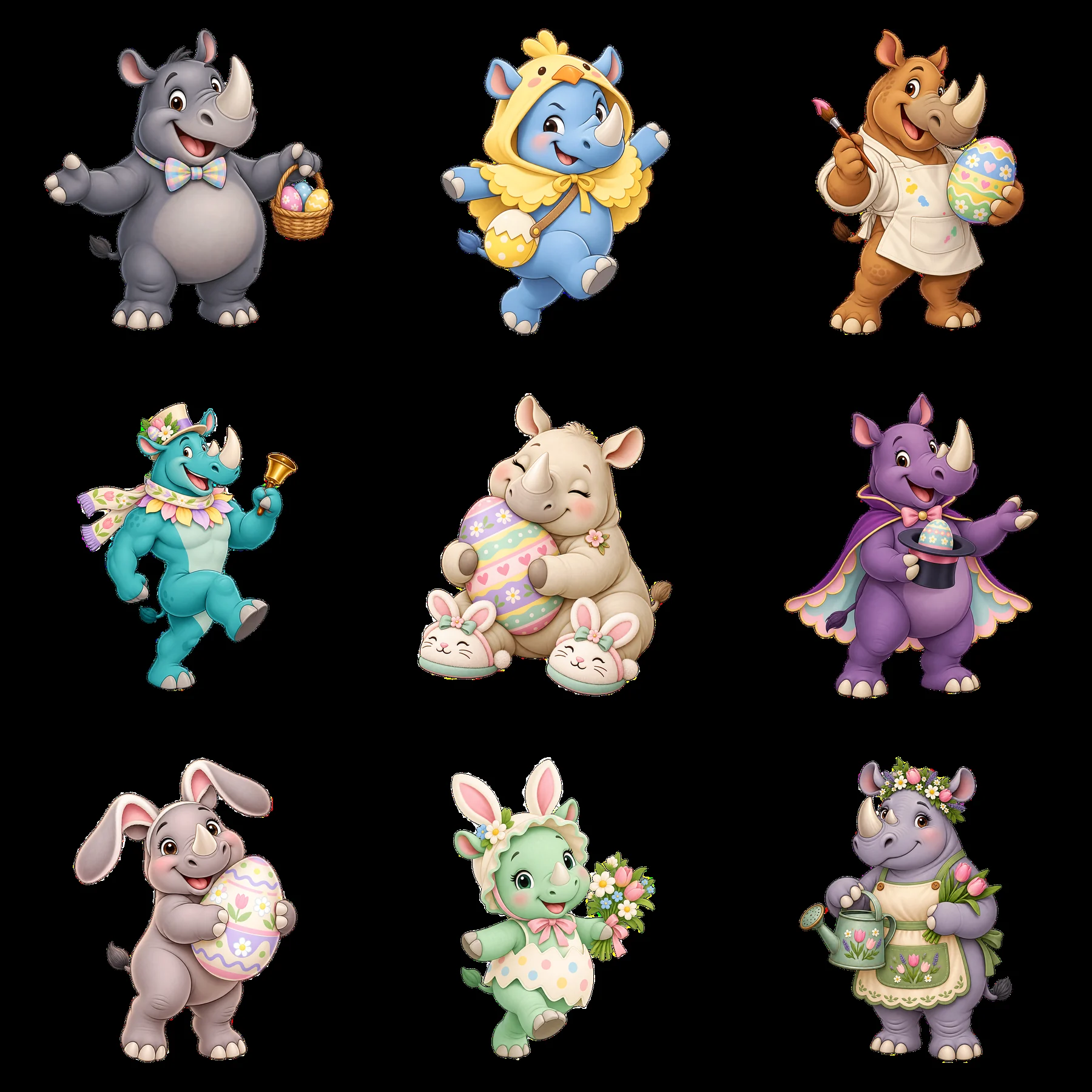 Easter-themed cartoon characters with rhinos and animals celebrating - AI-generated stock image