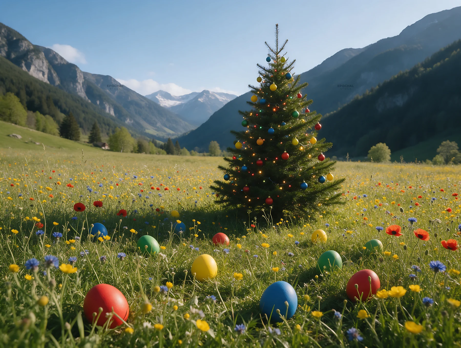 Christmas tree in mountain valley meadow with colorful ornaments - AI-generated stock image