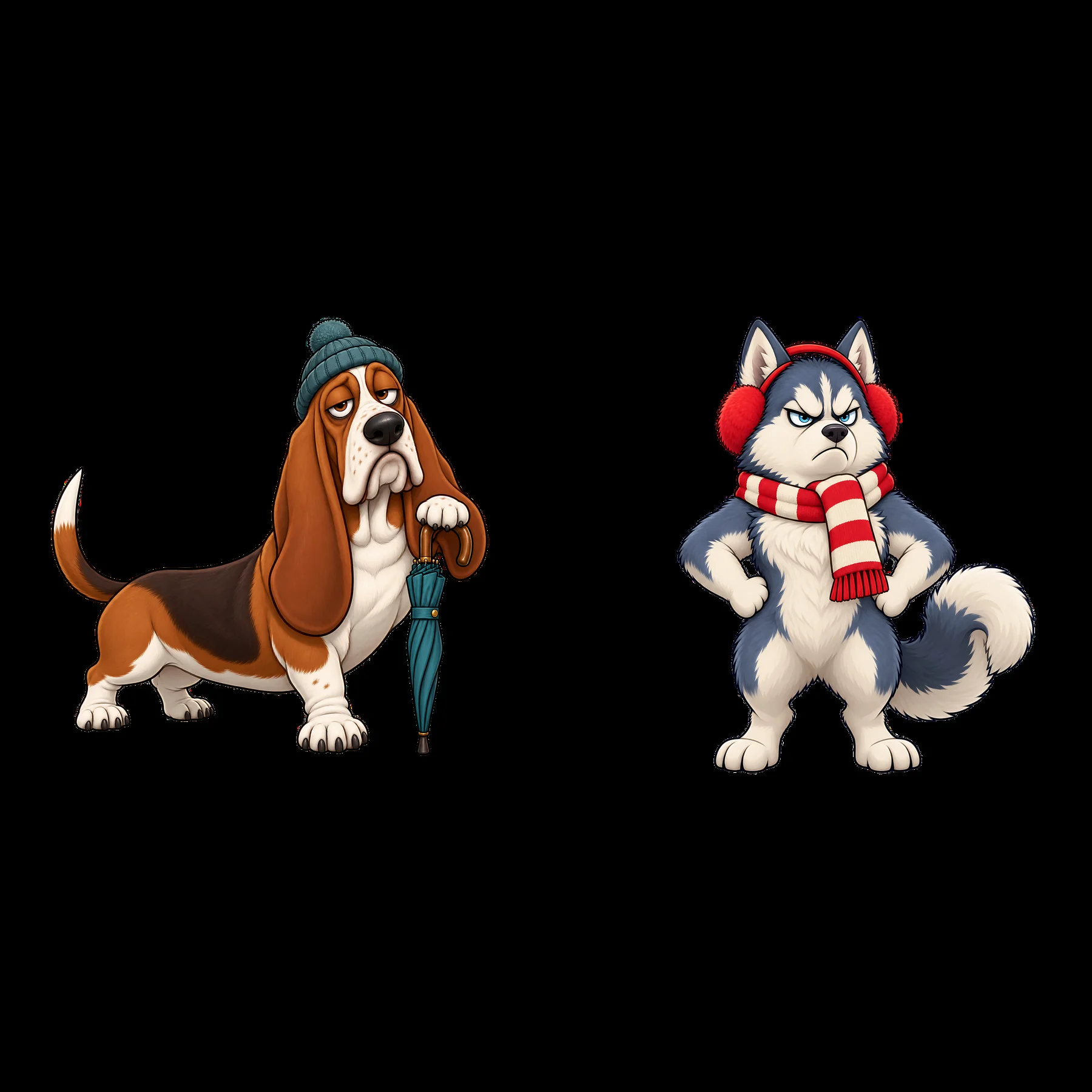 Grumpy dog sticker set featuring a basset hound and a husky - AI-generated stock image