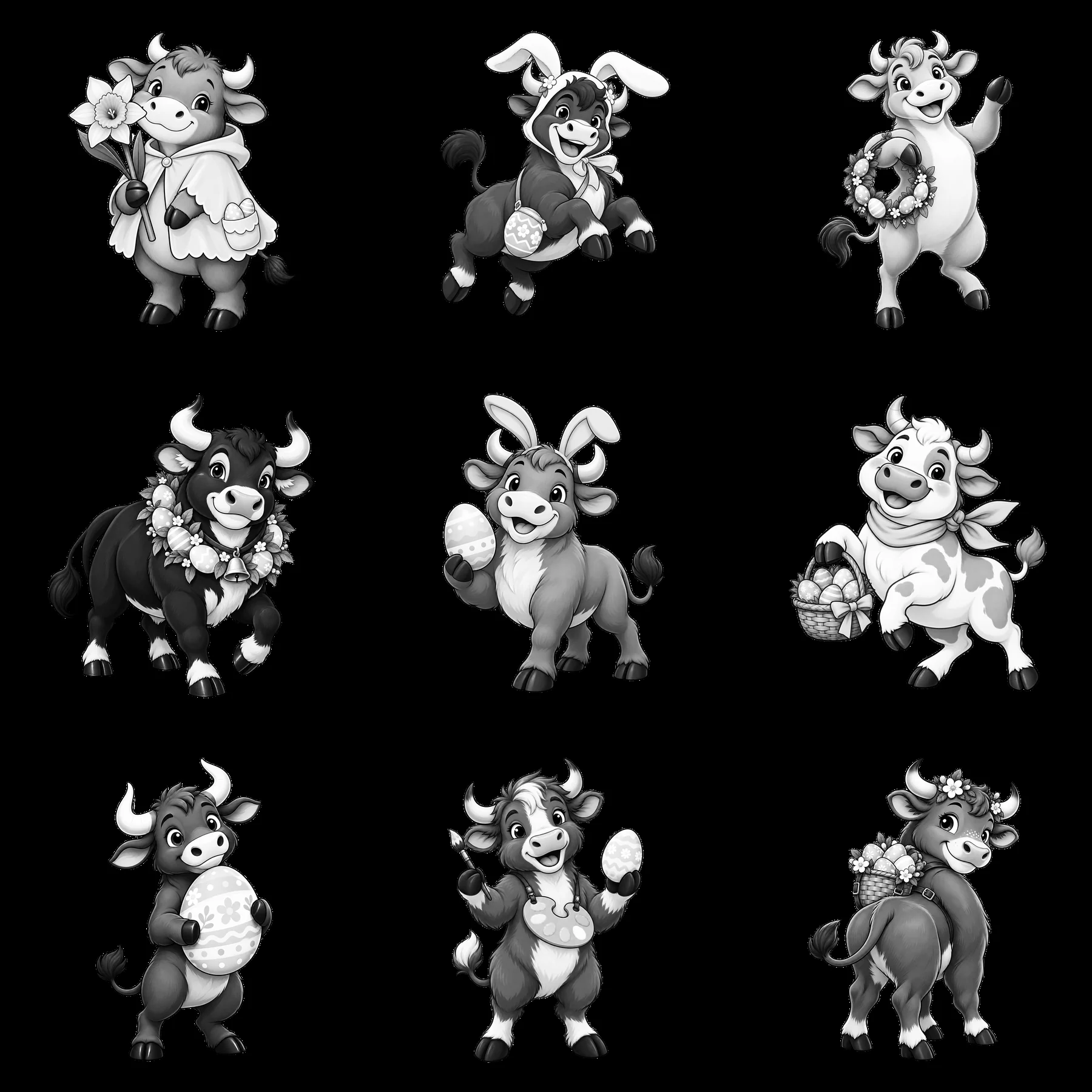 Easter ox cartoon sticker collection with playful characters - AI-generated stock image