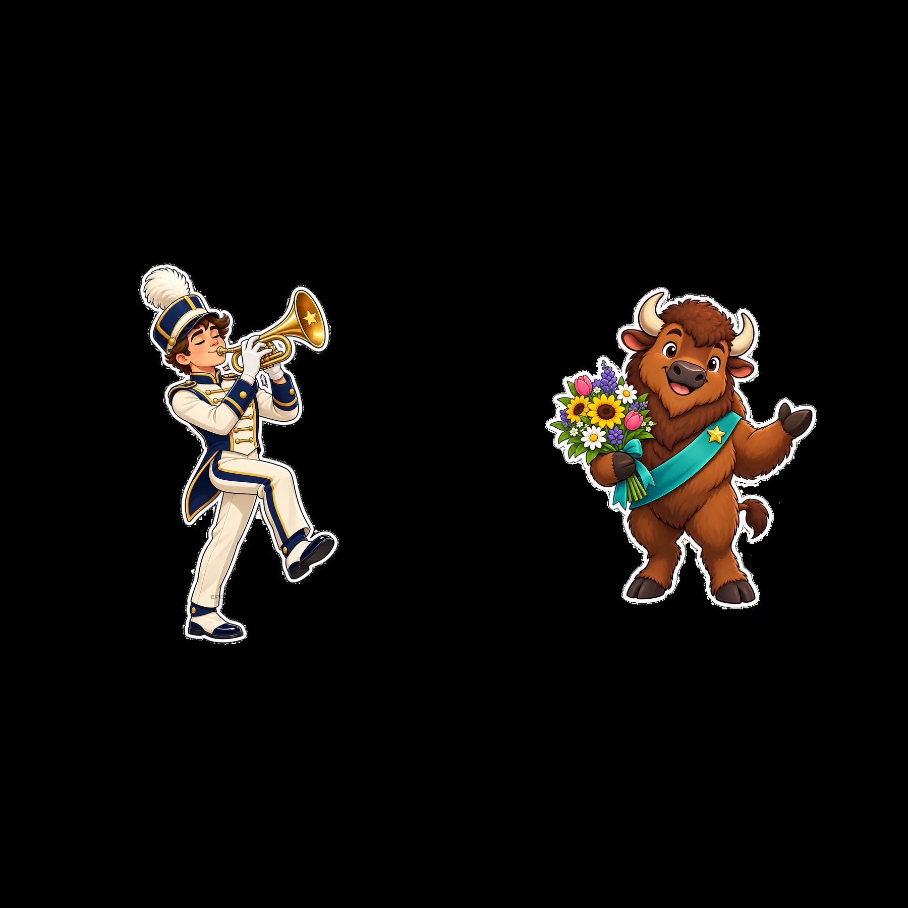 Musician plays trumpet beside bison with flowers in a festive theme - AI-generated stock image