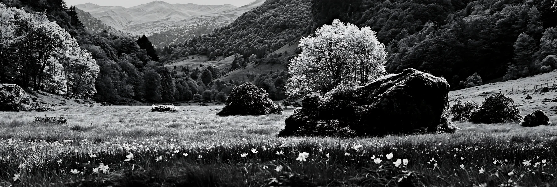 Climate-resilient meadow with rocks and trees in black and white - AI-generated stock image