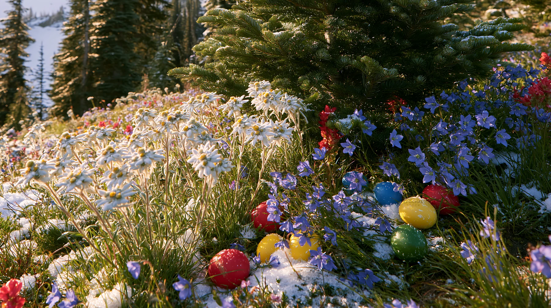 Christmas tree in mountain meadow after snowfall - AI-generated stock image