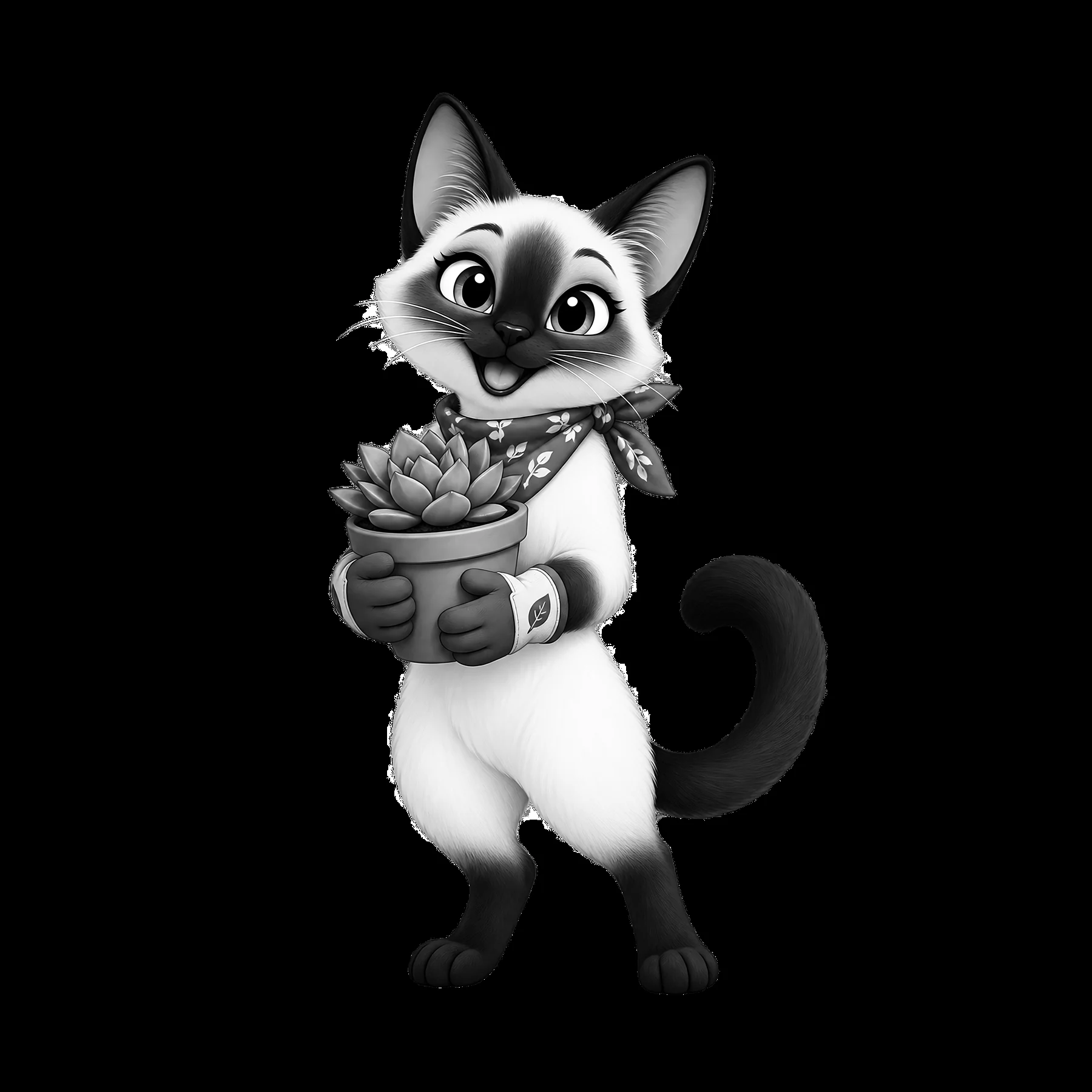 Cartoon cat holding a potted plant and smiling cheerfully - AI-generated stock image