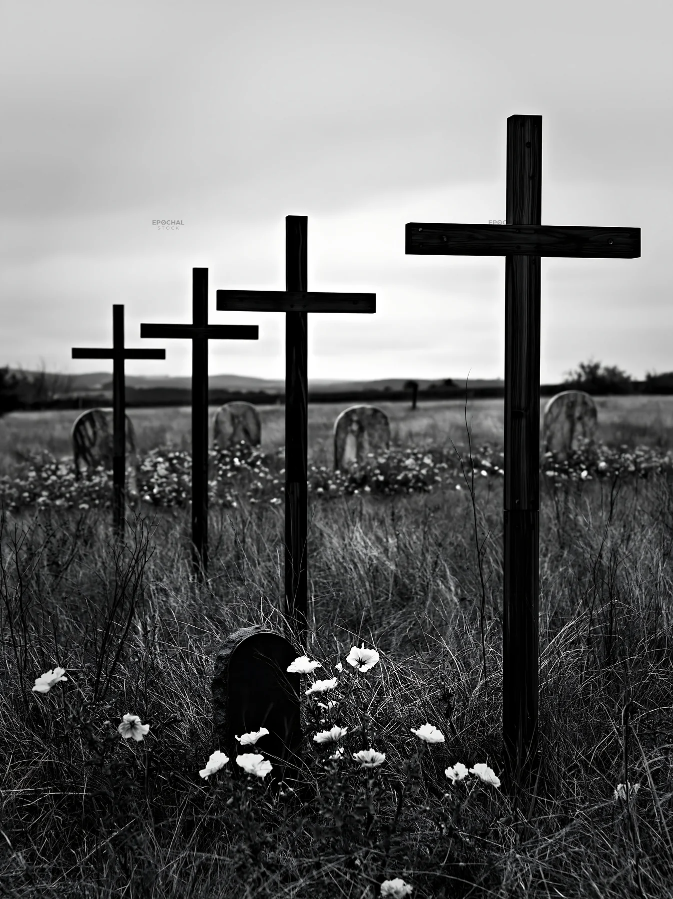 Wooden crosses in Christmas meadow with flowers in foreground - AI-generated stock image
