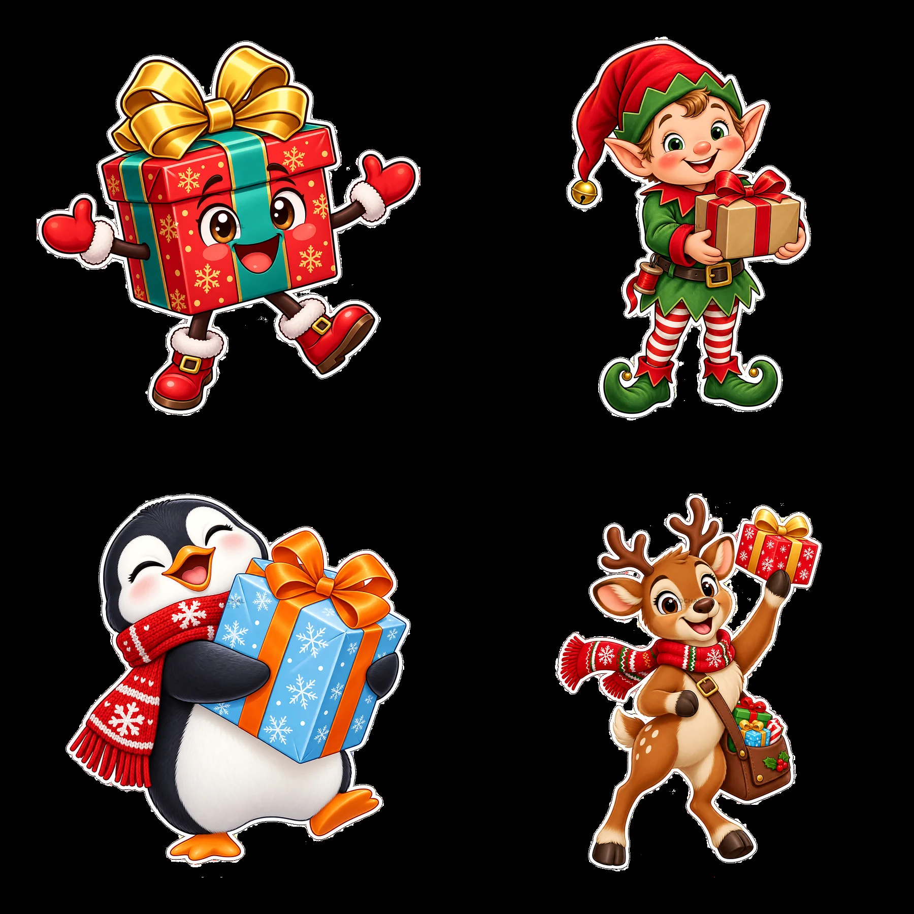 Colorful cartoon stickers of Christmas characters with gifts - AI-generated stock image