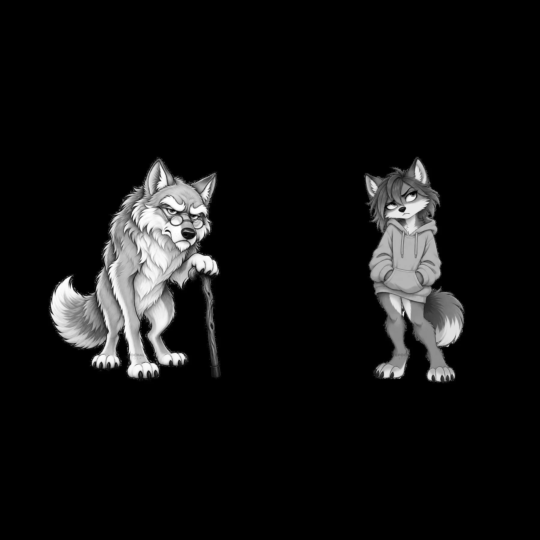 Grumpy wolf and young wolf character stickers in monochrome design - AI-generated stock image