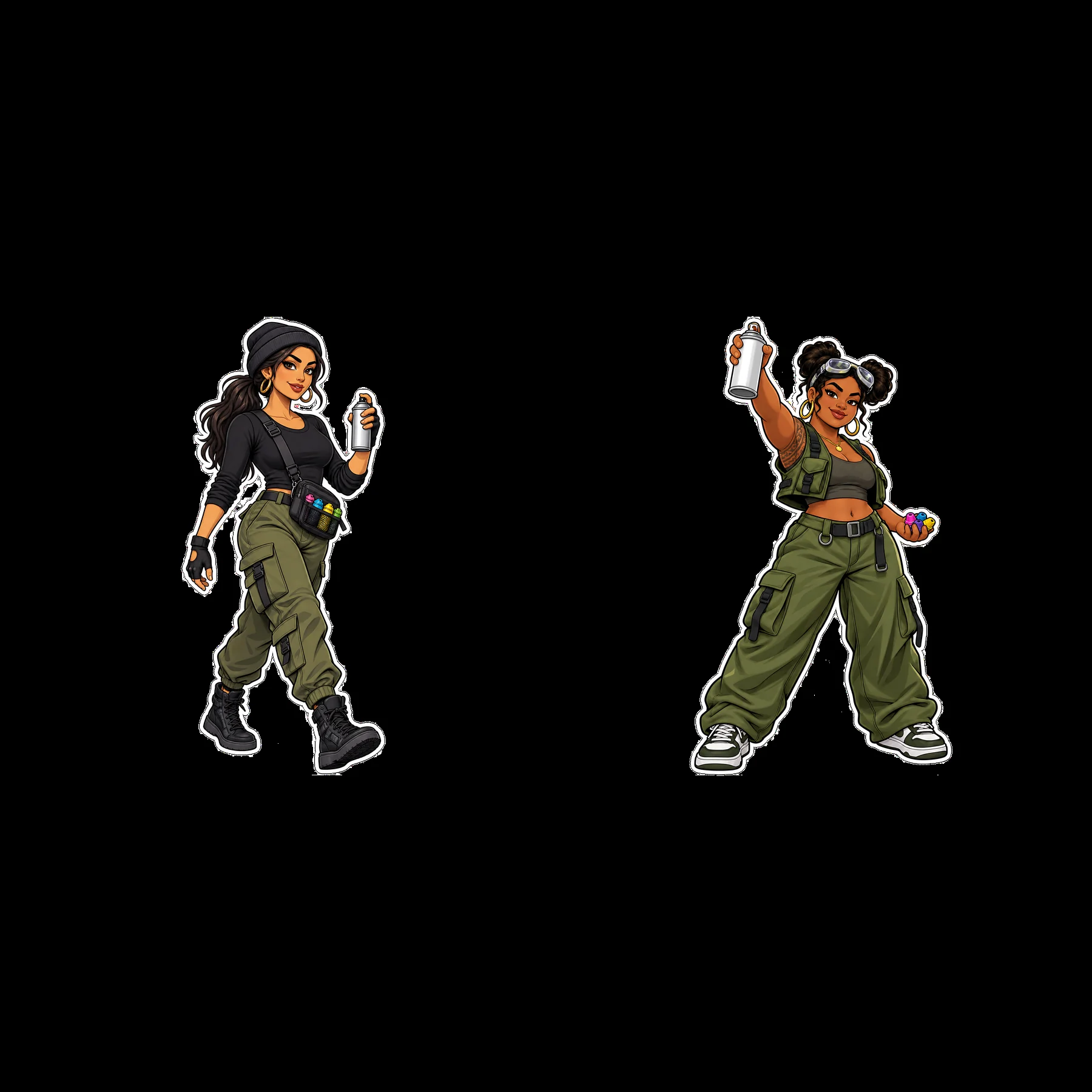 Graffiti sprayers in urban outfits with spray cans - AI-generated stock image