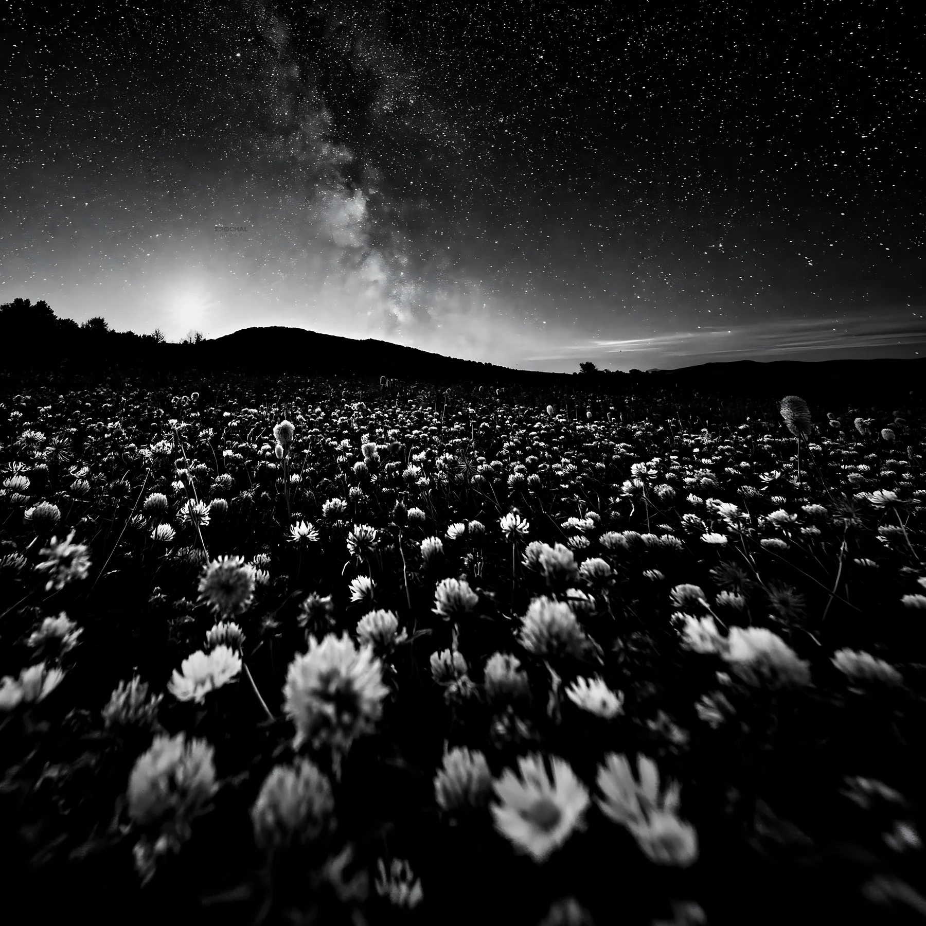 Colorful clover meadow under a starry night sky - AI-generated stock image