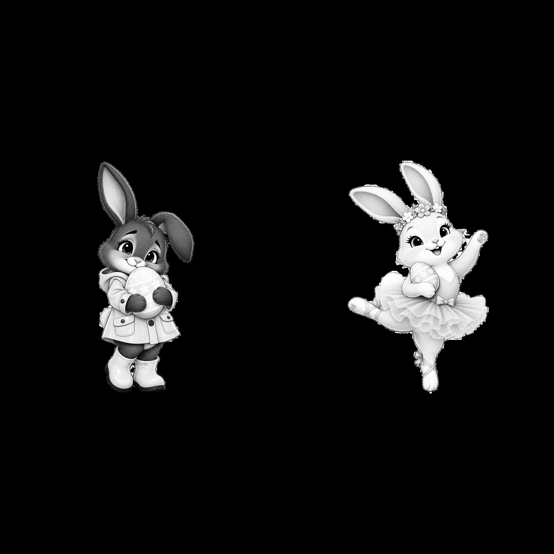 Easter bunny duo with one holding an egg and one in a tutu - AI-generated stock image