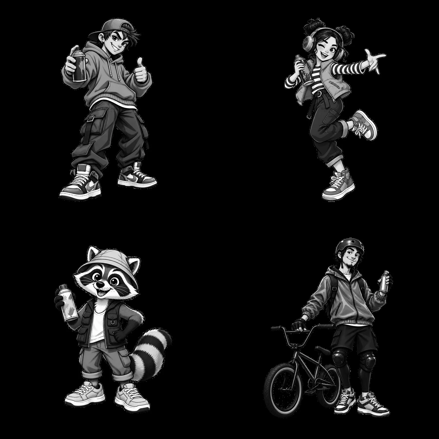 Cool graffiti sprayer characters in a monochrome 2x2 layout - AI-generated stock image