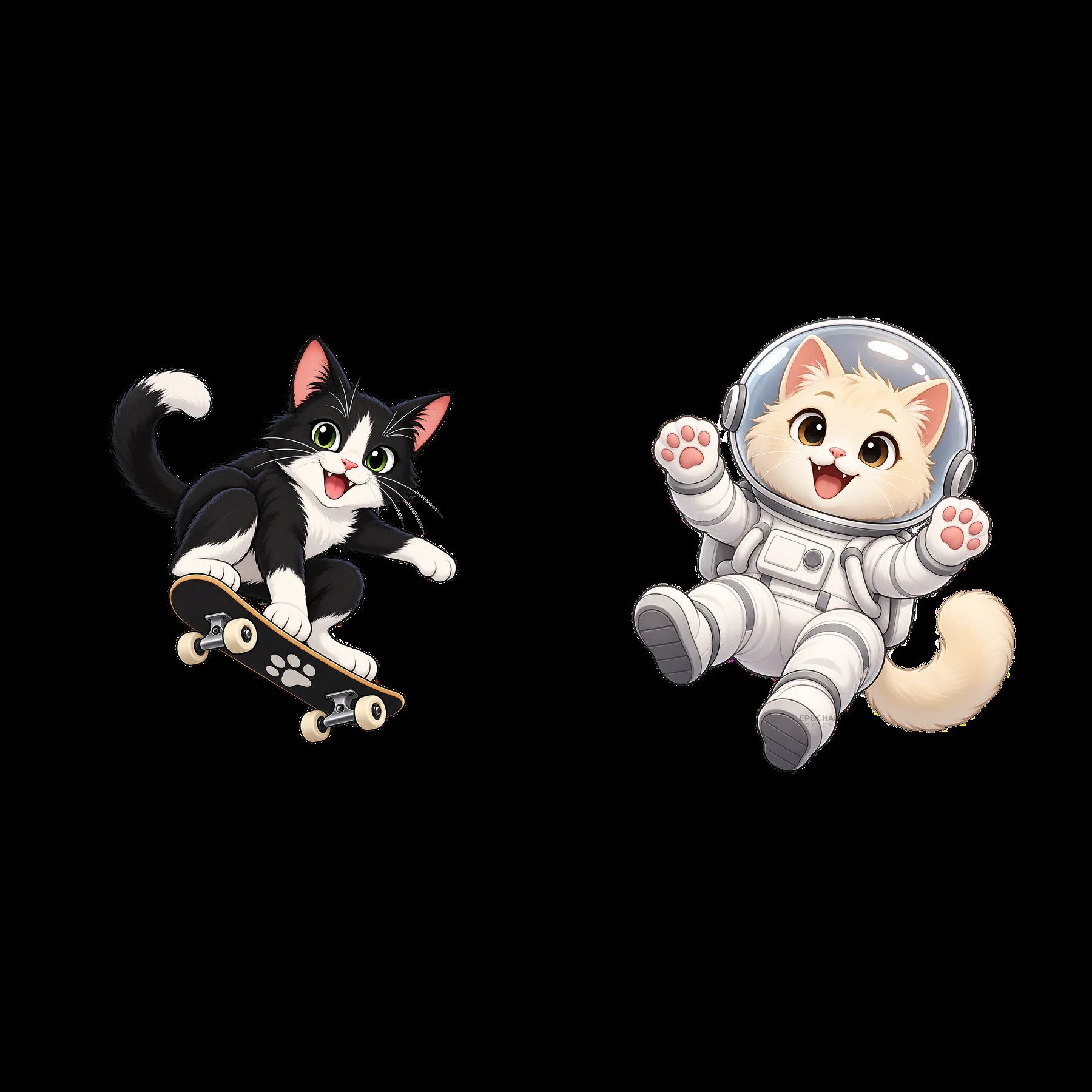 Two cartoon cats, one on a skateboard and one in a spacesuit - AI-generated stock image