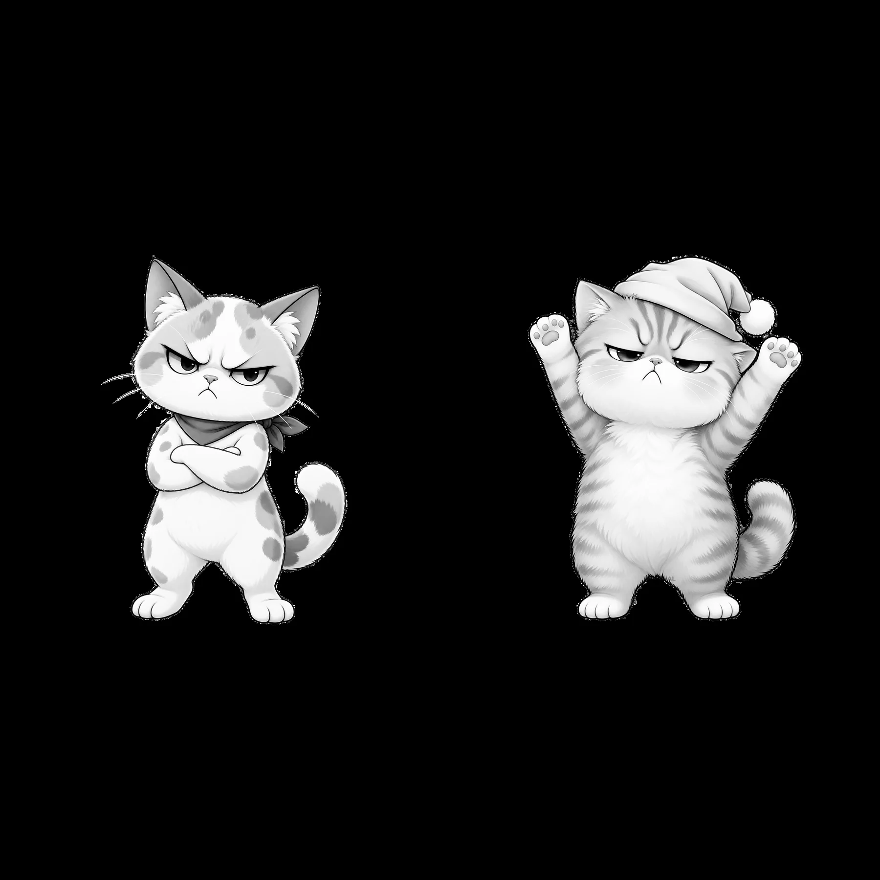 Kawaii grumpy cats with distinct expressions and poses - AI-generated stock image
