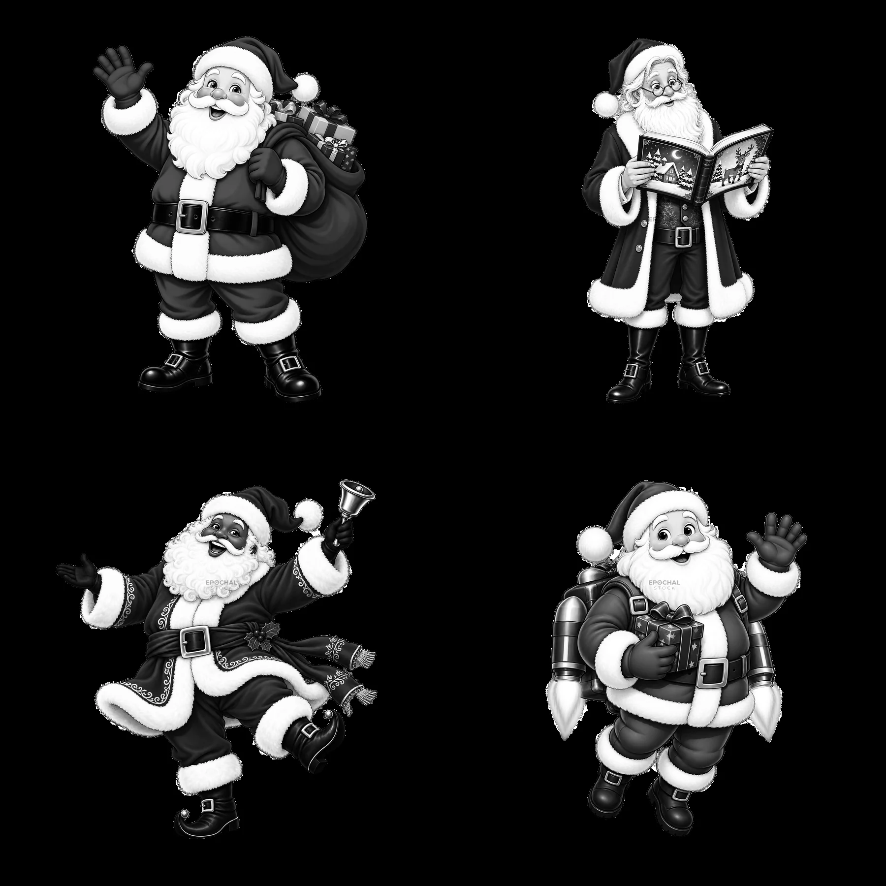 Monochrome four cartoon figure stickers in a square arrangement - AI-generated stock image