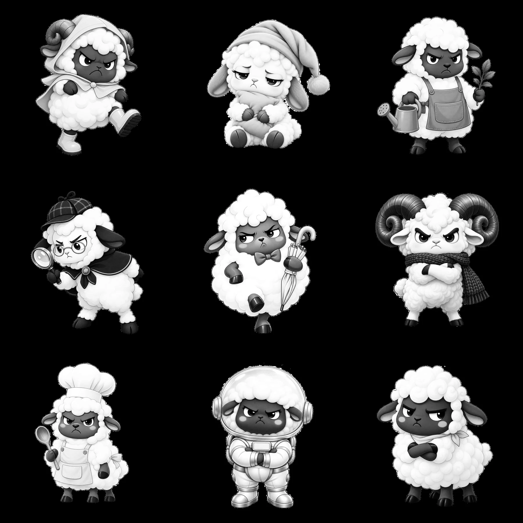 Kawaii grumpy sheep in various activities and expressions - AI-generated stock image